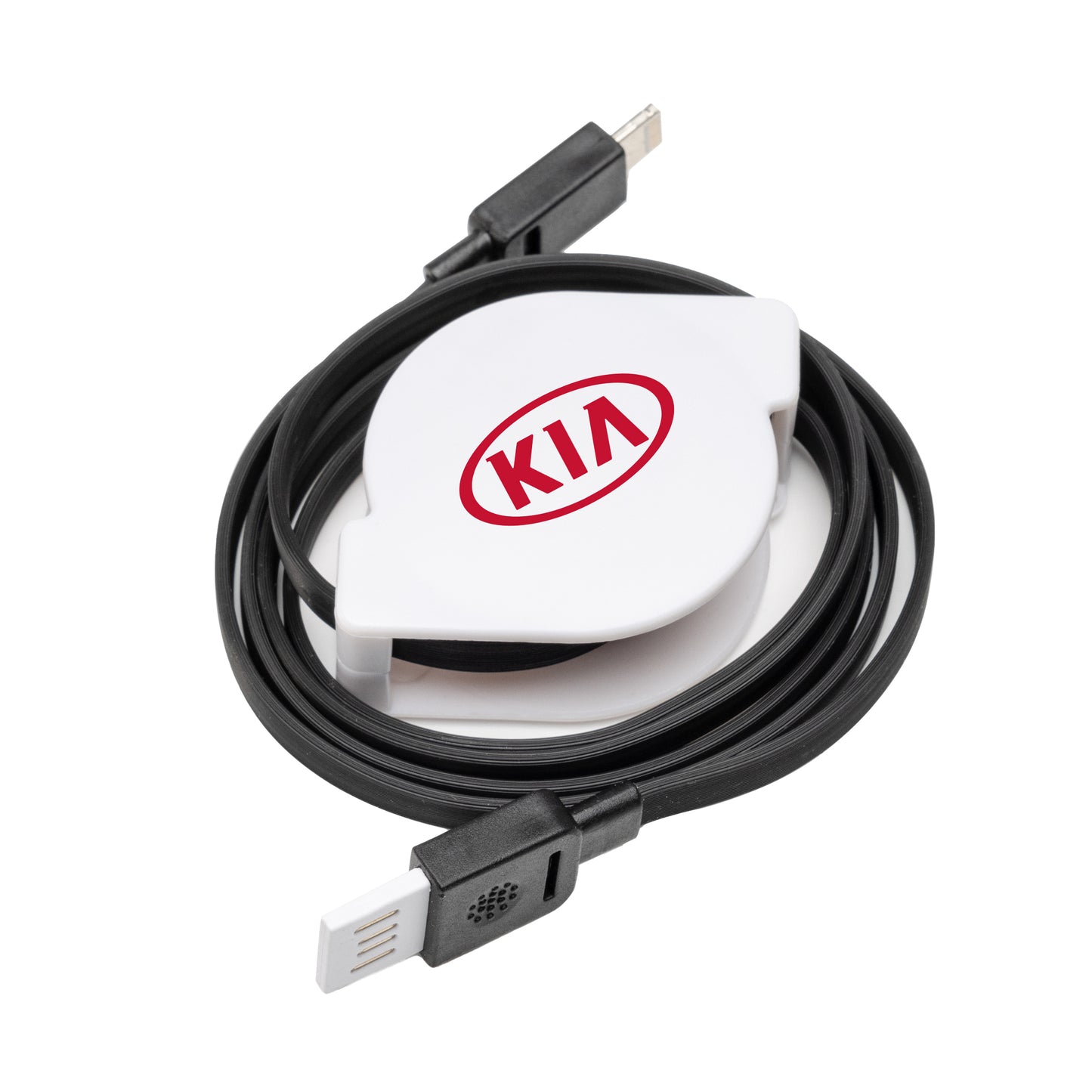 Retractable USB charging cable with a white casing featuring a custom logo and black connectors on both ends.