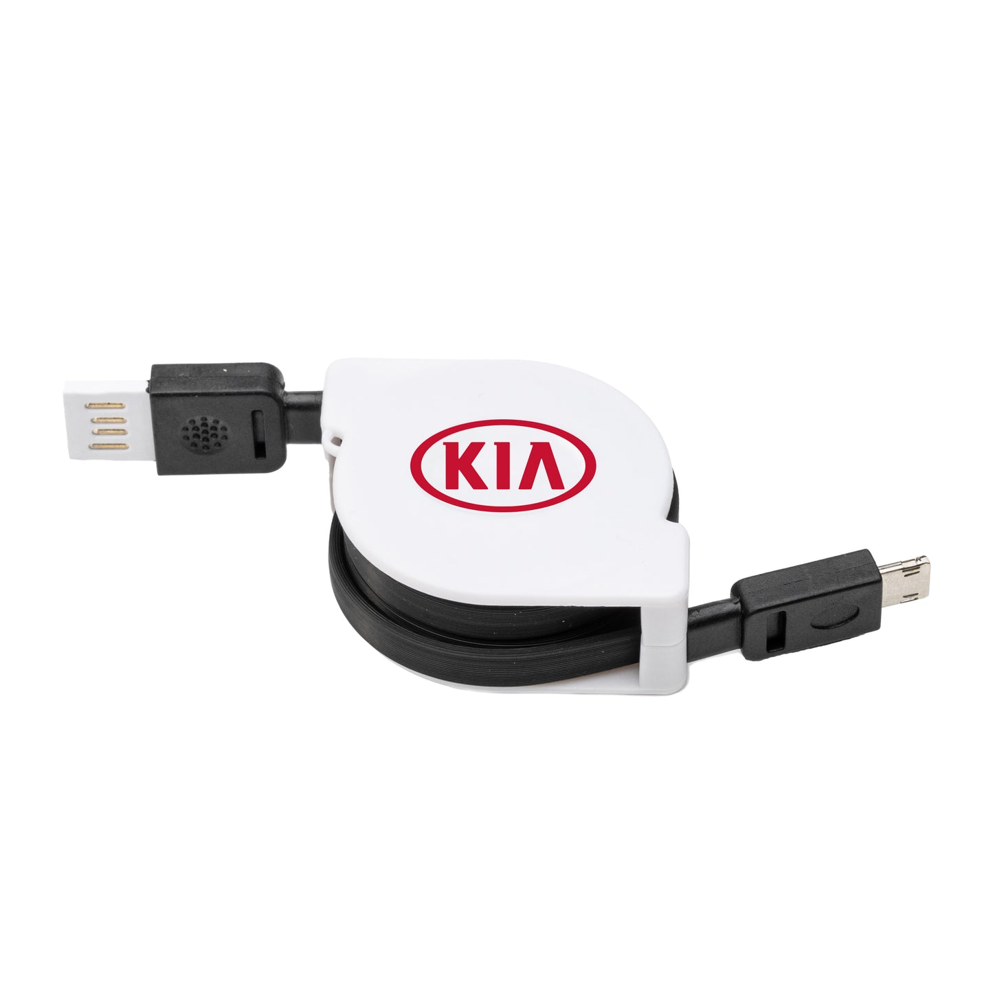Retractable USB charging cable with a white casing featuring a custom logo and black connectors on both ends.