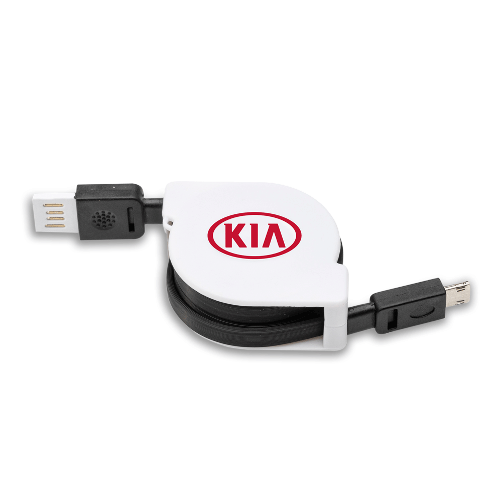 Retractable USB charging cable with a white casing featuring a custom logo and black connectors on both ends.