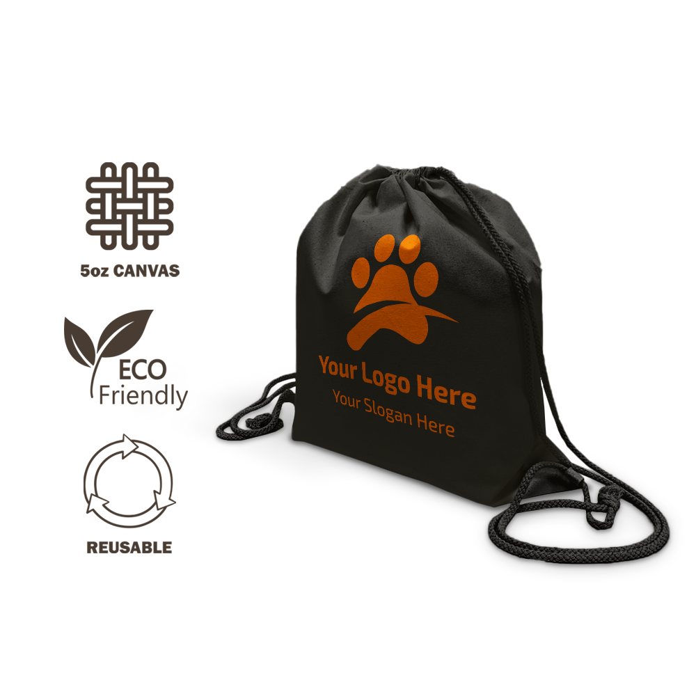Black drawstring backpack made from 6oz canvas, featuring an orange paw print logo placeholder with the text “Your Logo Here” and “Your Slogan Here.” Eco-friendly and reusable icons displayed on the left.