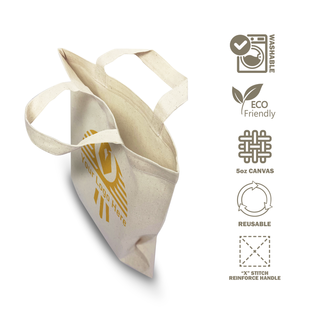 Top view of beige 5oz canvas tote bag with short handles and yellow logo, labeled washable, eco-friendly, and reusable.
