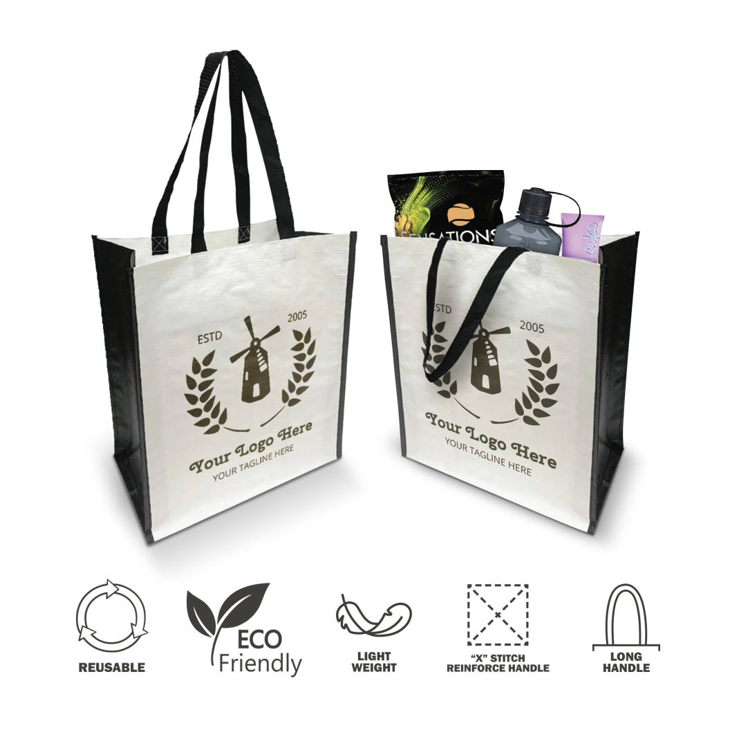 Dual-sided view of a laminated reusable shopping tote with custom logo space