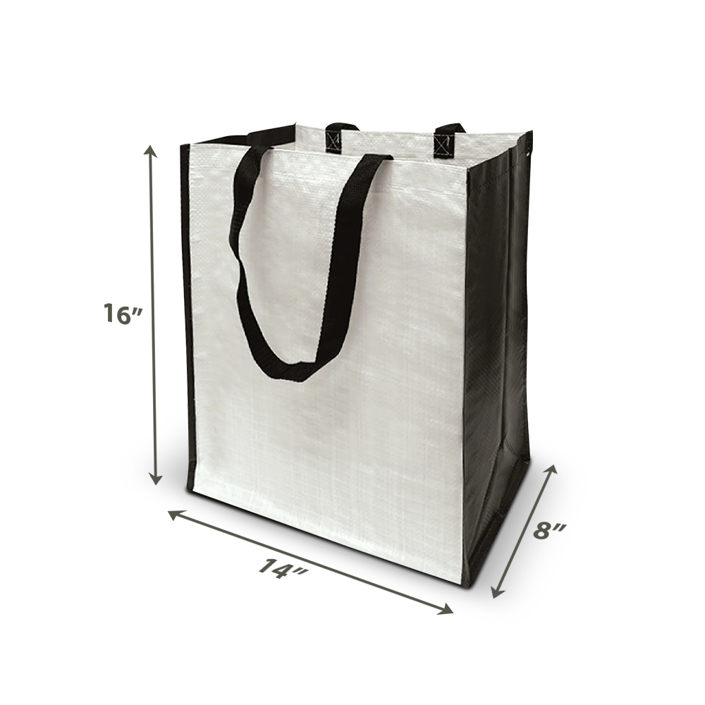 Laminated reusable tote bag with black handles, measuring 16" x 12" x 8"