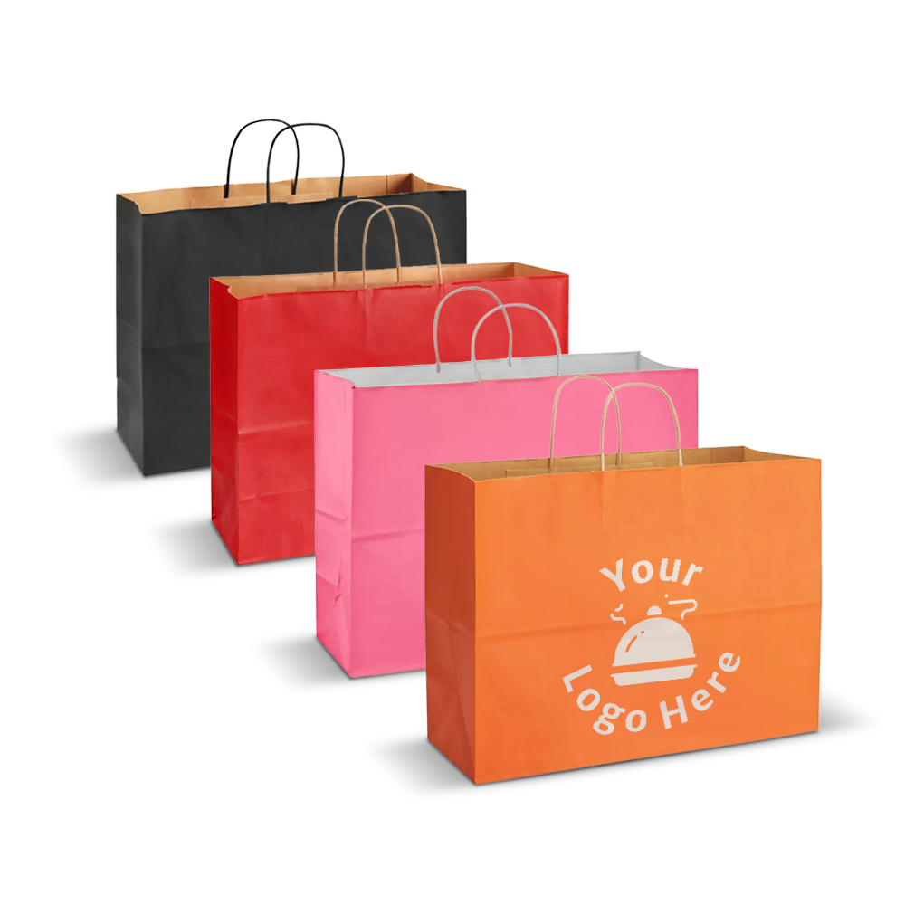 Colorful kraft paper shopping bags with twisted paper handles and customizable logo print.