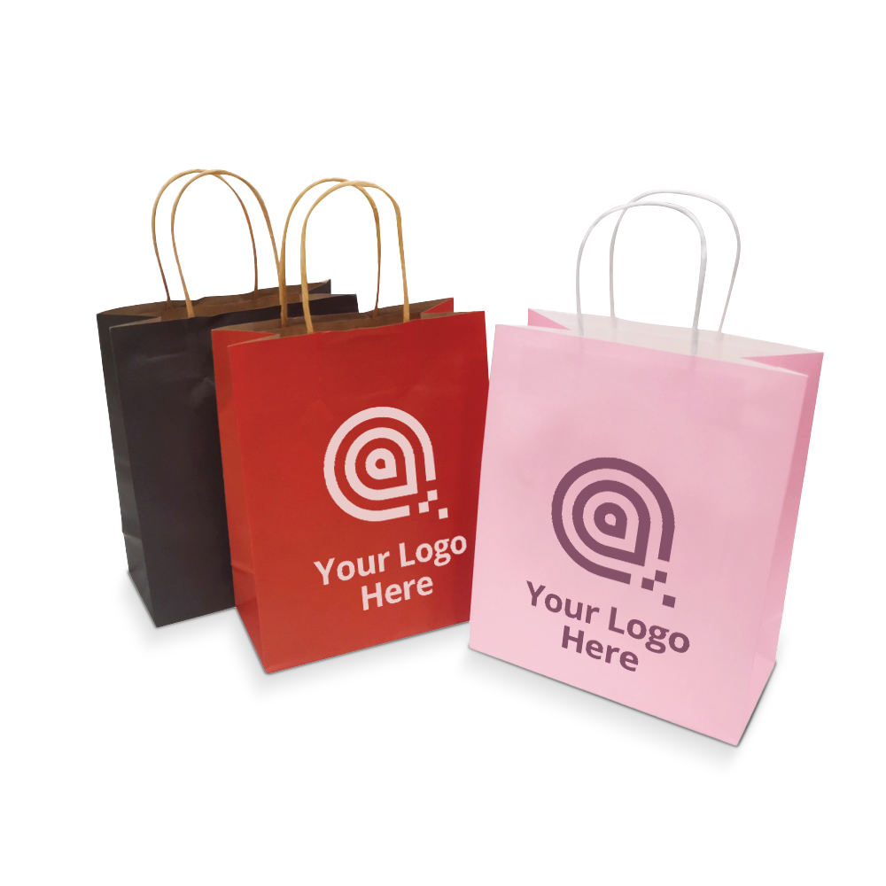Colorful kraft paper bags with twisted handles, ideal for branding with your custom logo.