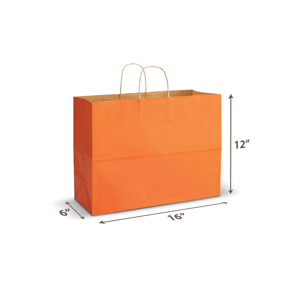 Orange kraft paper bag with twisted paper handles, sized 16" x 6" x 12".