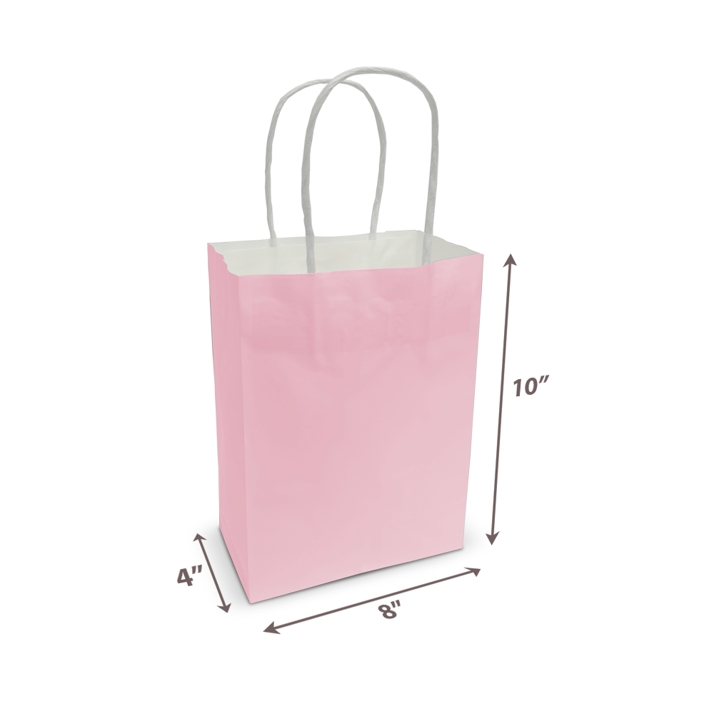 Small pink kraft paper bag with twisted handles, sized 8" x 4" x 10" — perfect for personalized packaging.