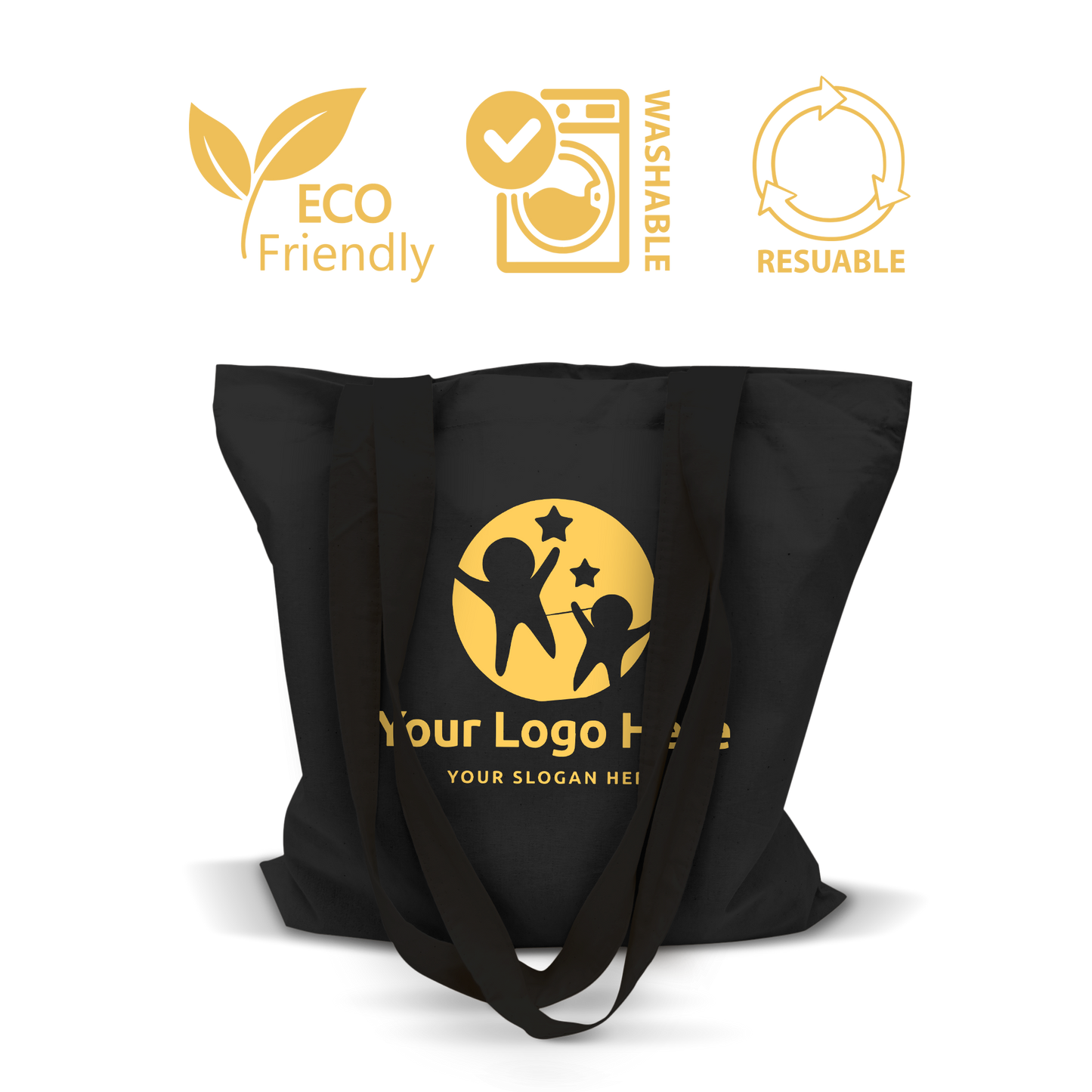 Black eco-friendly tote bag with long handles, washable and reusable design.