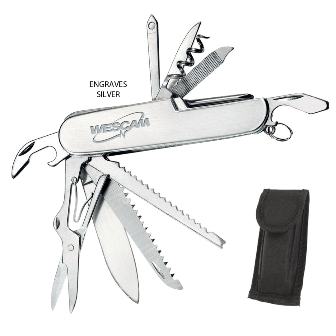 Multi-function silver pocket knife engraved with the Wescam logo, featuring scissors, saws, corkscrew, and other tools, displayed with a black carrying pouch.