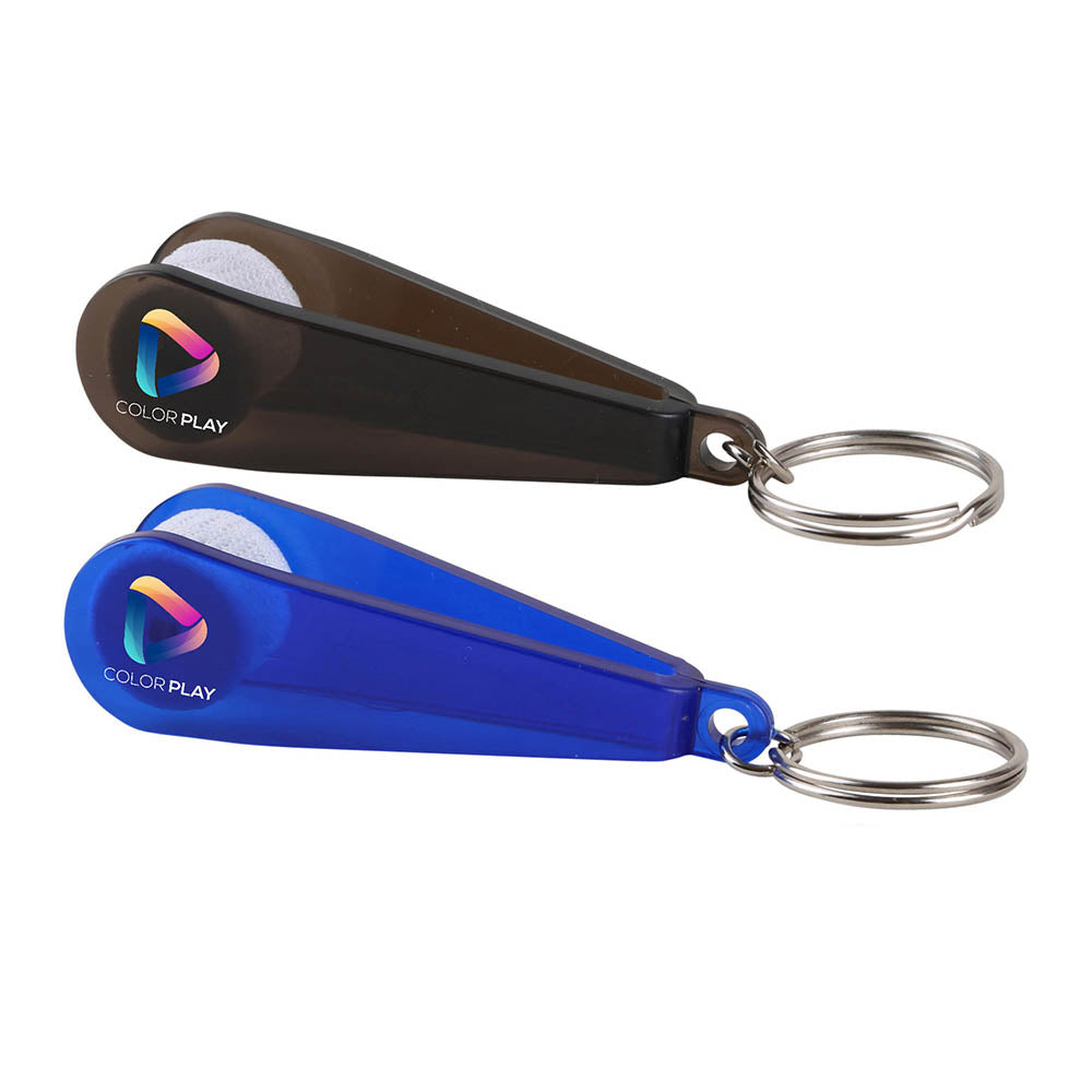 Two eyeglass cleaner keychains with “COLORPLAY” logo, one in black and one in translucent blue, each featuring a round cleaning pad and metal keyring.