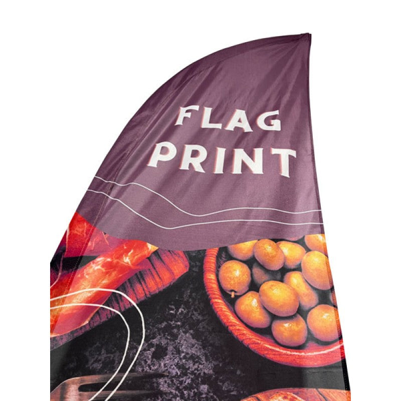 Custom printed feather flag with design graphics and bold text on fabric