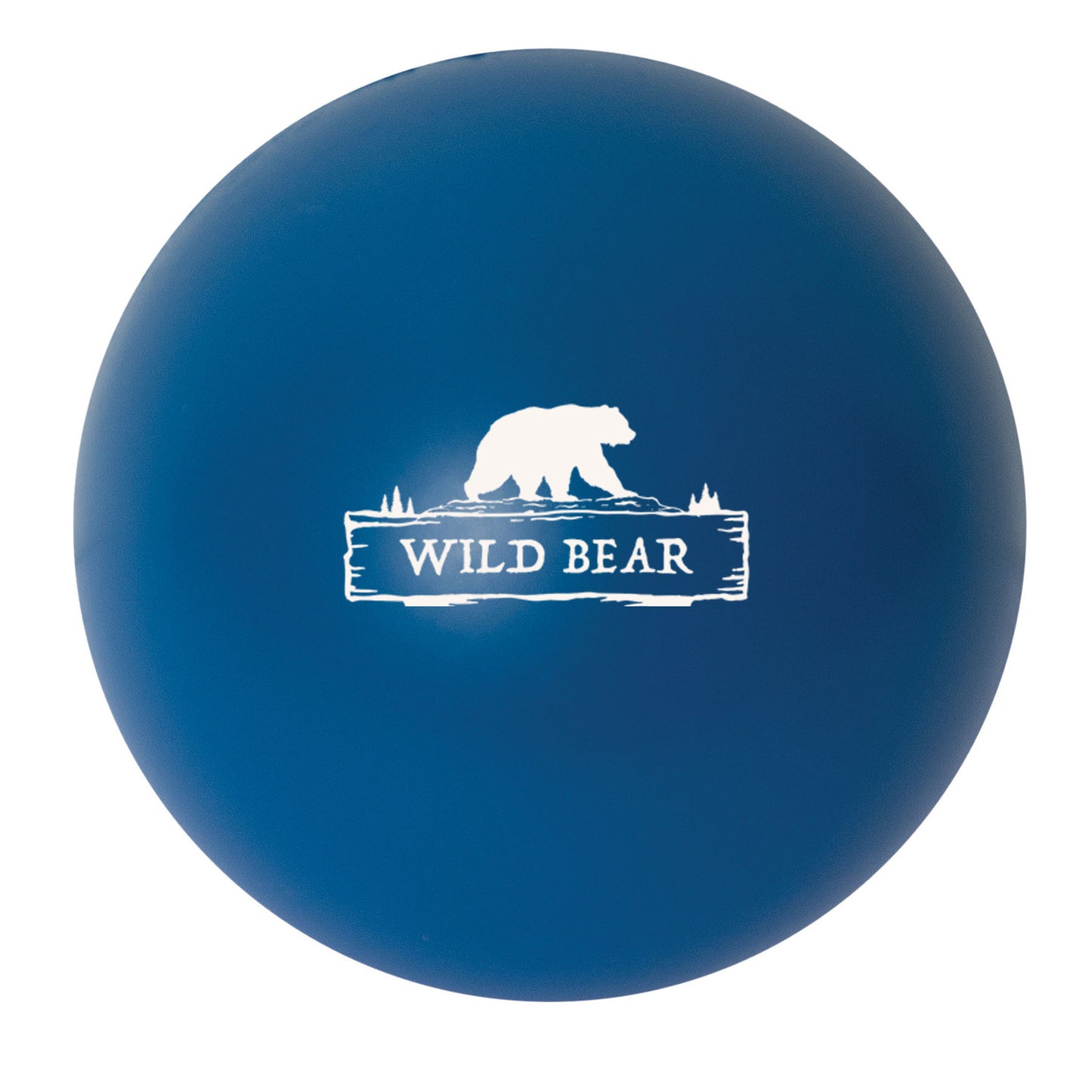Blue stress ball with white 'Wild Bear' logo featuring a bear silhouette on a wooden-style sign graphic