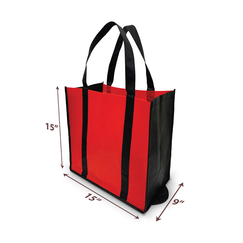 Red and black non-woven reusable tote bag with long black handles, measuring approximately 15" H x 15" W x 9" D.