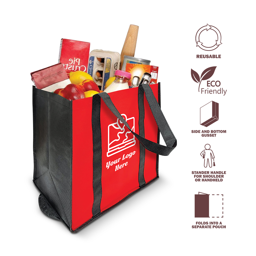 Red and black non-woven reusable shopping tote filled with groceries, featuring long handles and eco-friendly icons