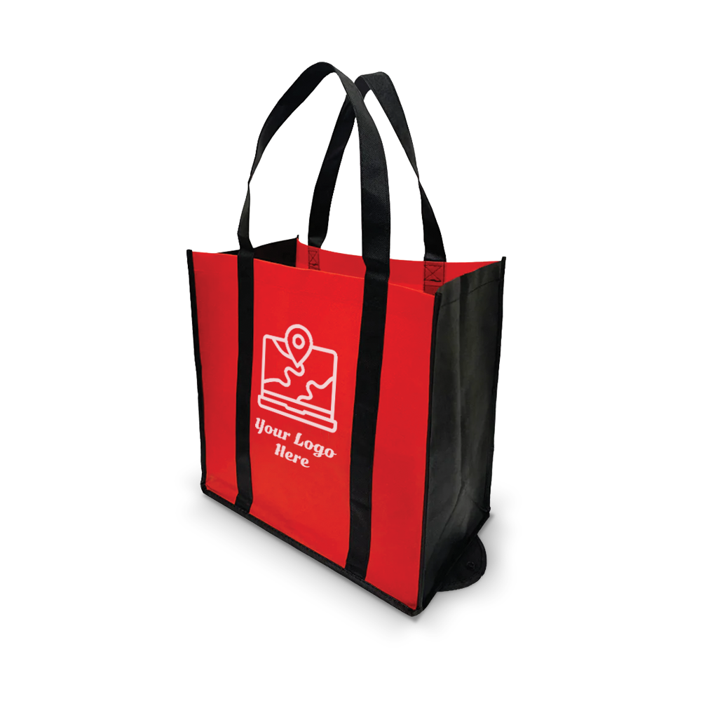 Red and black foldable shopping tote with black handles and customizable front panel.