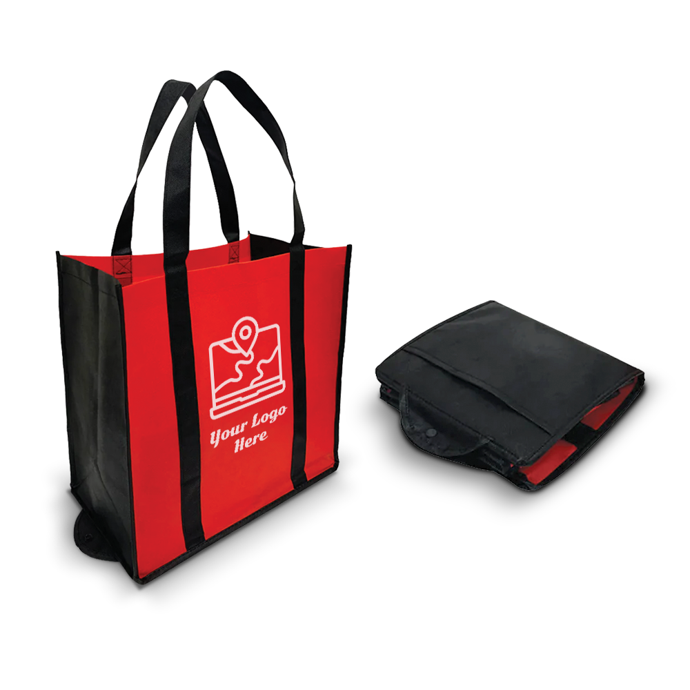 Red and black foldable tote bag with long handles, shown both open and folded, perfect for custom branding.