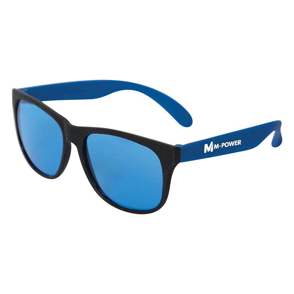 Pair of sunglasses with black front frames and blue mirrored lenses, featuring blue arms with a white customized logo printed on the side.