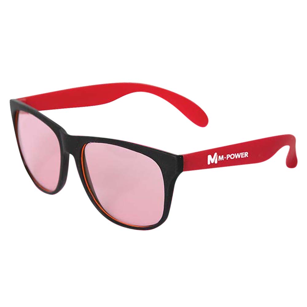 Pair of sunglasses with black front frames and pink-tinted lenses, featuring red arms with a white customized logo printed on the side.