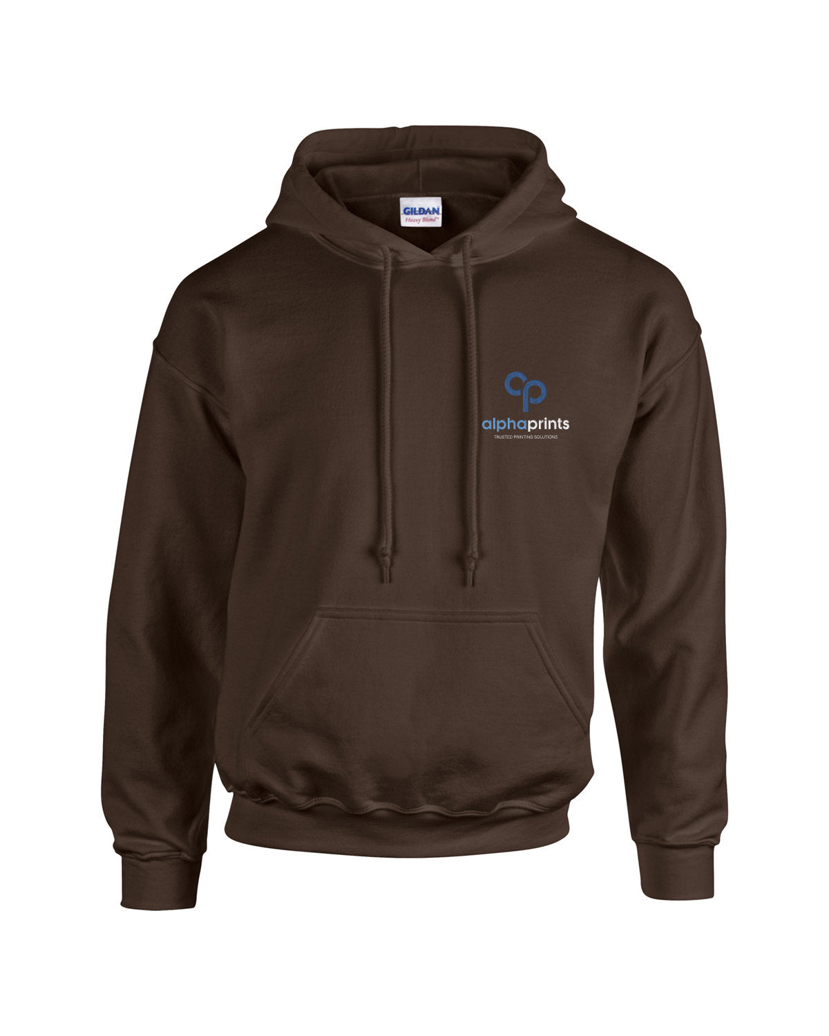 Dark chocolate Gildan Adult Heavy Blend 8oz Hoodie with customized embroidery on the left chest, featuring the "alphaprints" logo in white and blue.