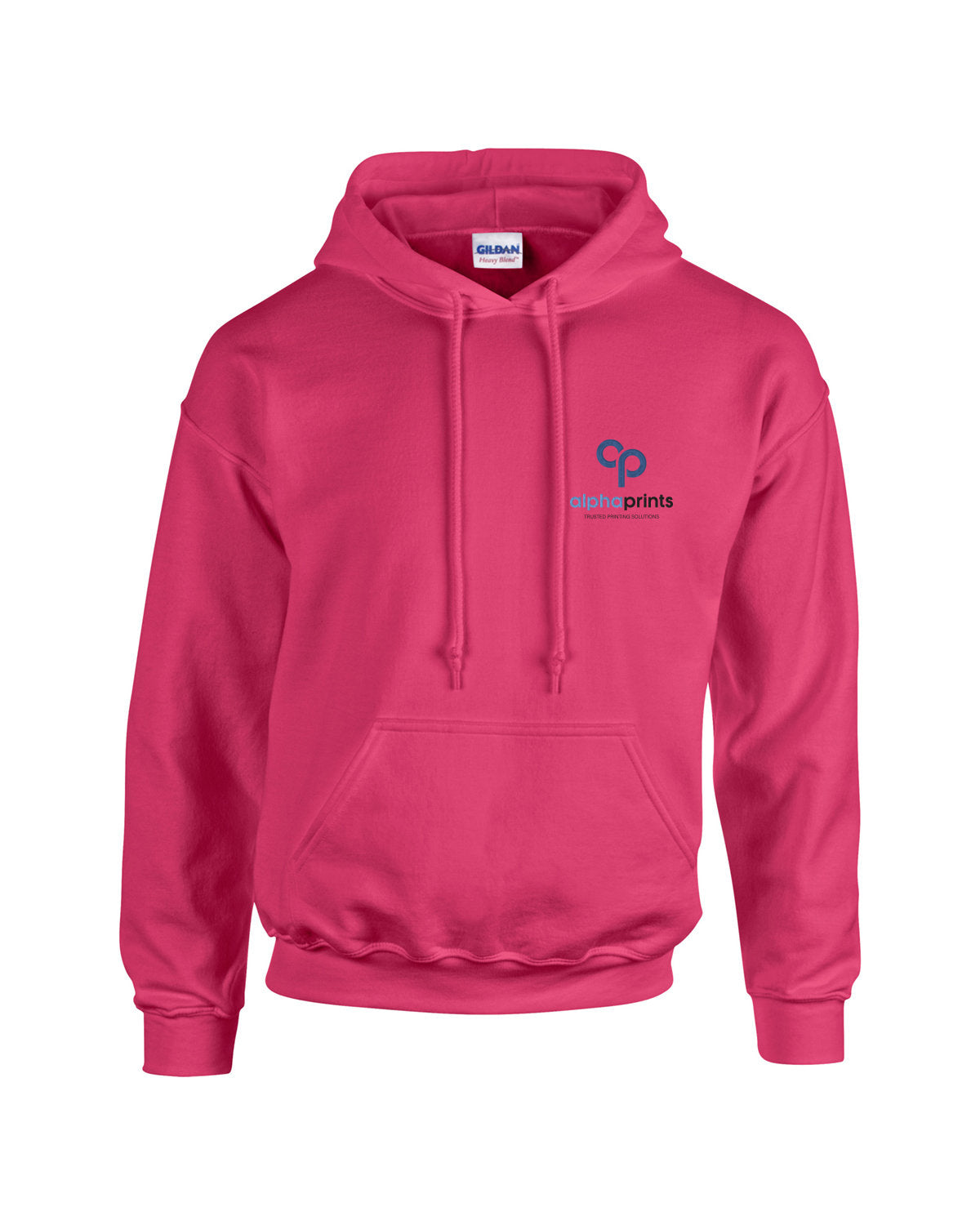 Heliconia Gildan Adult Heavy Blend 8oz Hoodie with customized embroidery on the left chest, featuring the "alphaprints" logo in black and blue.