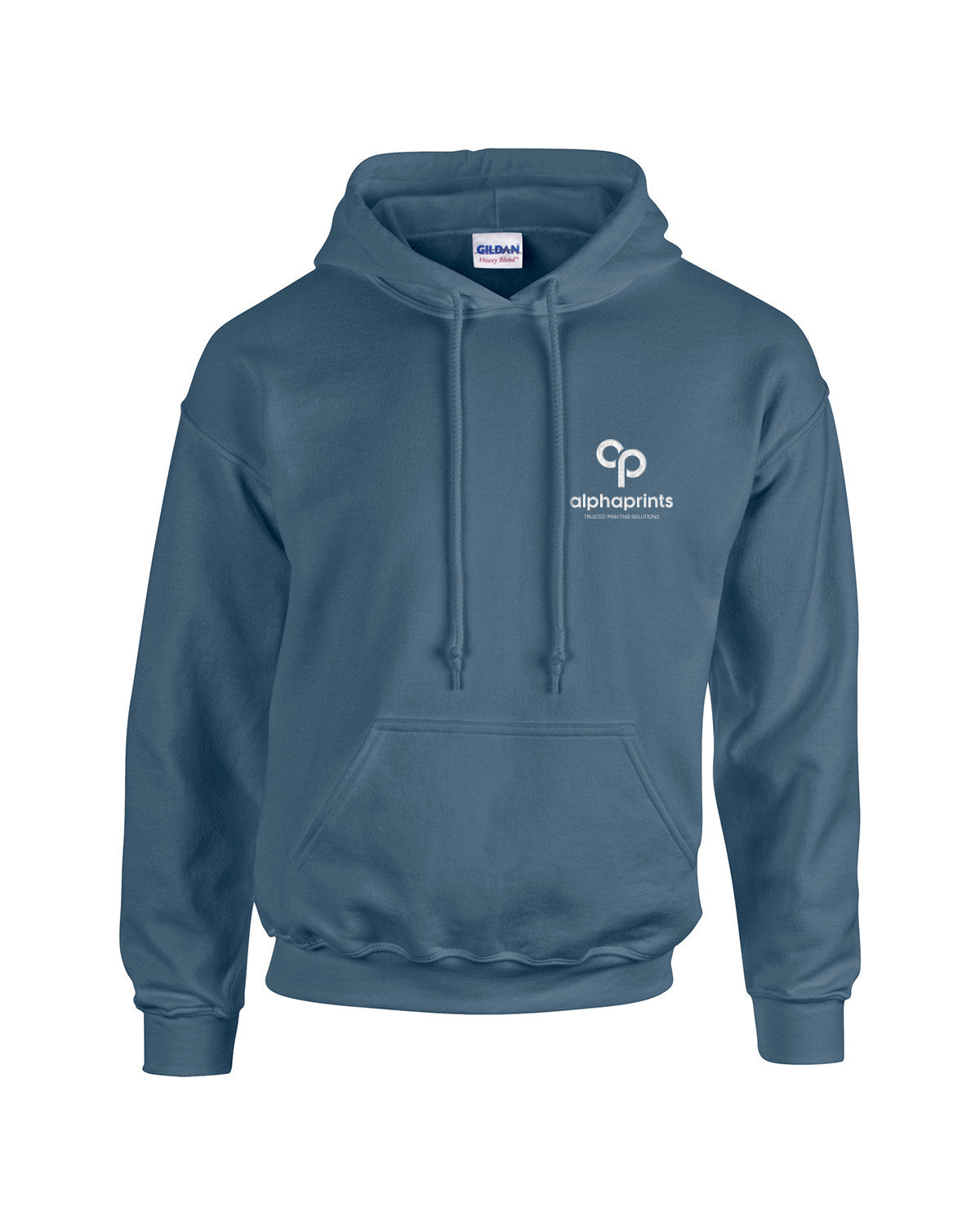 Indigo blue Gildan Adult Heavy Blend 8oz Hoodie with customized embroidery on the left chest, featuring the "alphaprints" logo in white and blue.