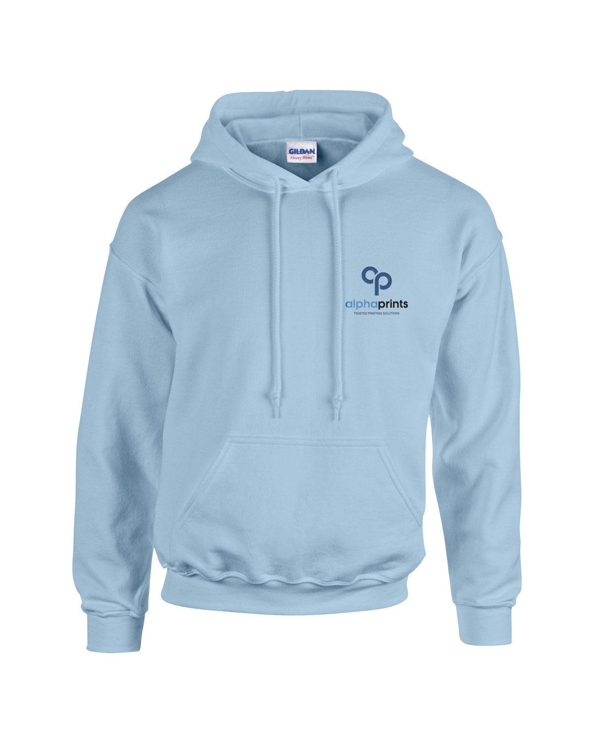 Light blue Gildan Adult Heavy Blend 8oz Hoodie with customized embroidery on the left chest, featuring the "alphaprints" logo in black and blue.