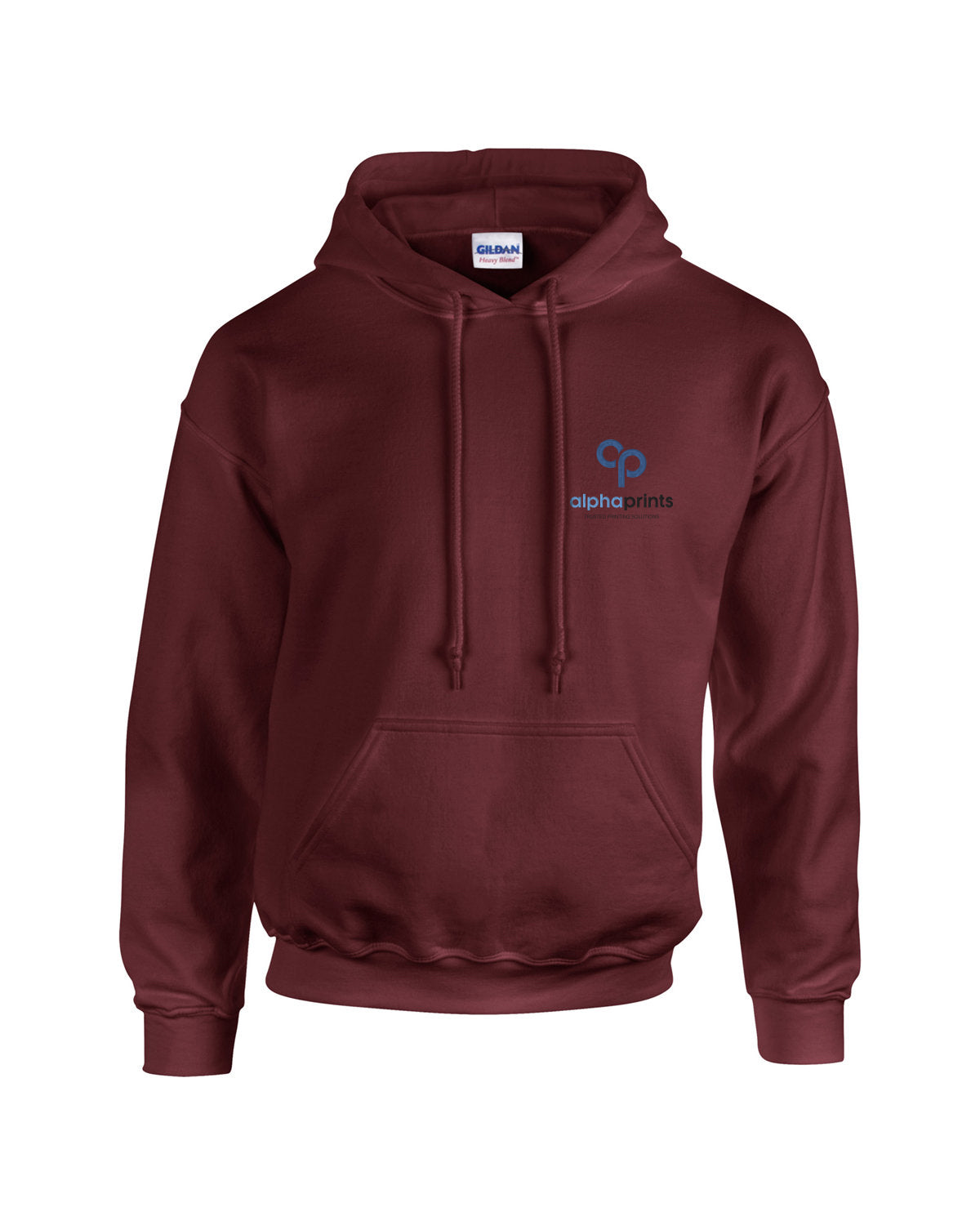 Maroon Gildan Adult Heavy Blend 8oz Hoodie with customized embroidery on the left chest, featuring the "alphaprints" logo in black and blue.