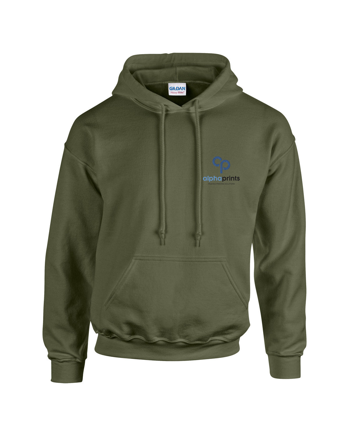 Military green Gildan Adult Heavy Blend 8oz Hoodie with customized embroidery on the left chest, featuring the "alphaprints" logo in black and blue.