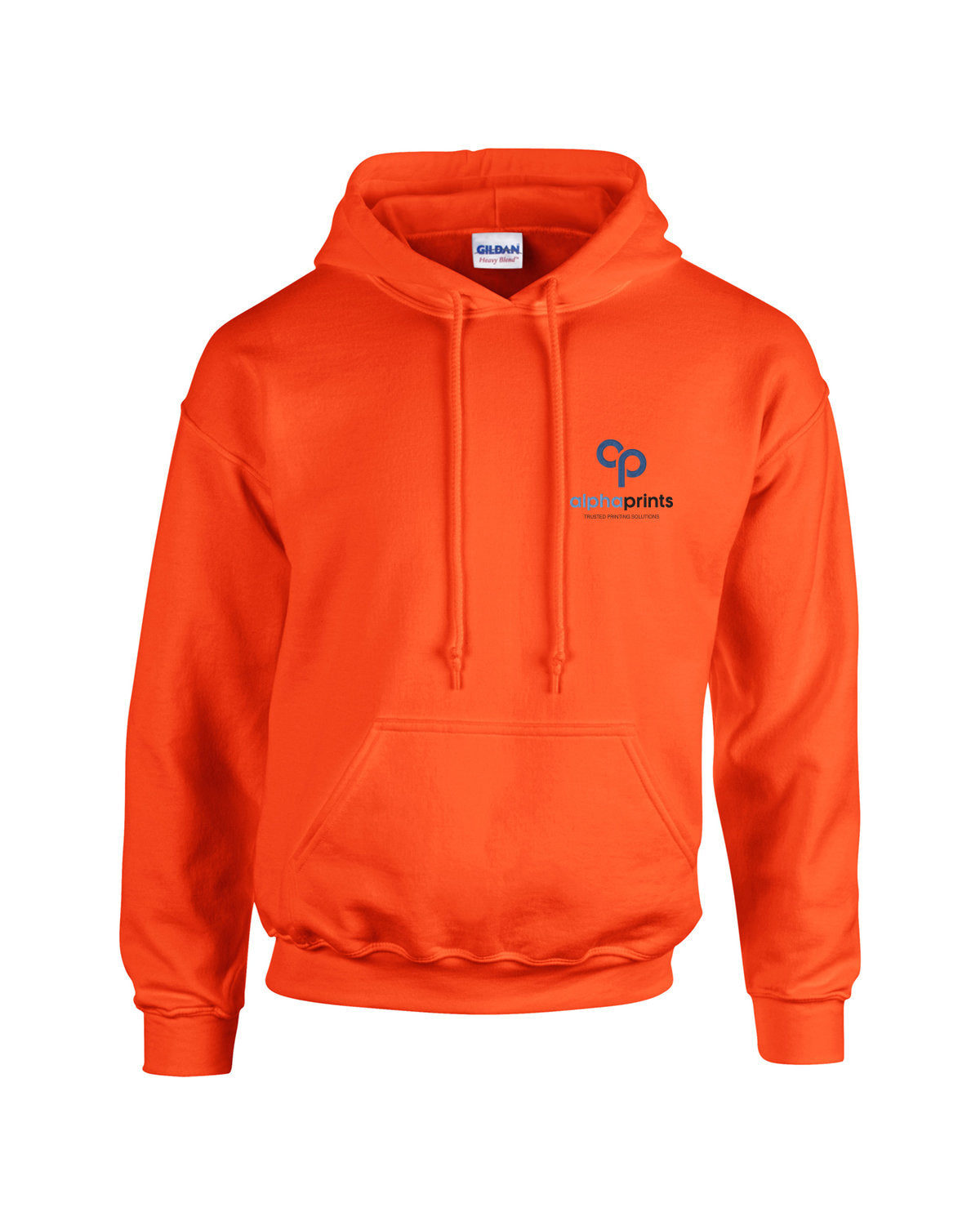 Orange Gildan Adult Heavy Blend 8oz Hoodie with customized embroidery on the left chest, featuring the "alphaprints" logo in black and blue.