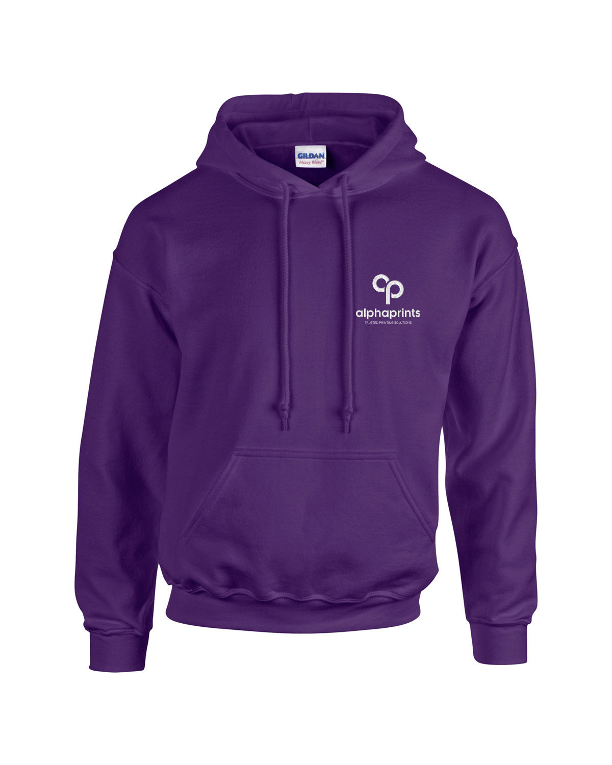 Purple Gildan Adult Heavy Blend 8oz Hoodie with customized embroidery on the left chest, featuring the "alphaprints" logo in white