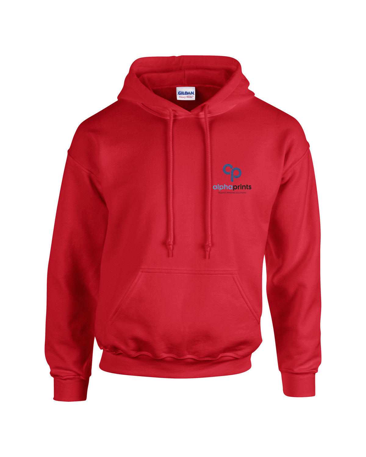 Red Gildan Adult Heavy Blend 8oz Hoodie with customized embroidery on the left chest, featuring the "alphaprints" logo in black and blue.