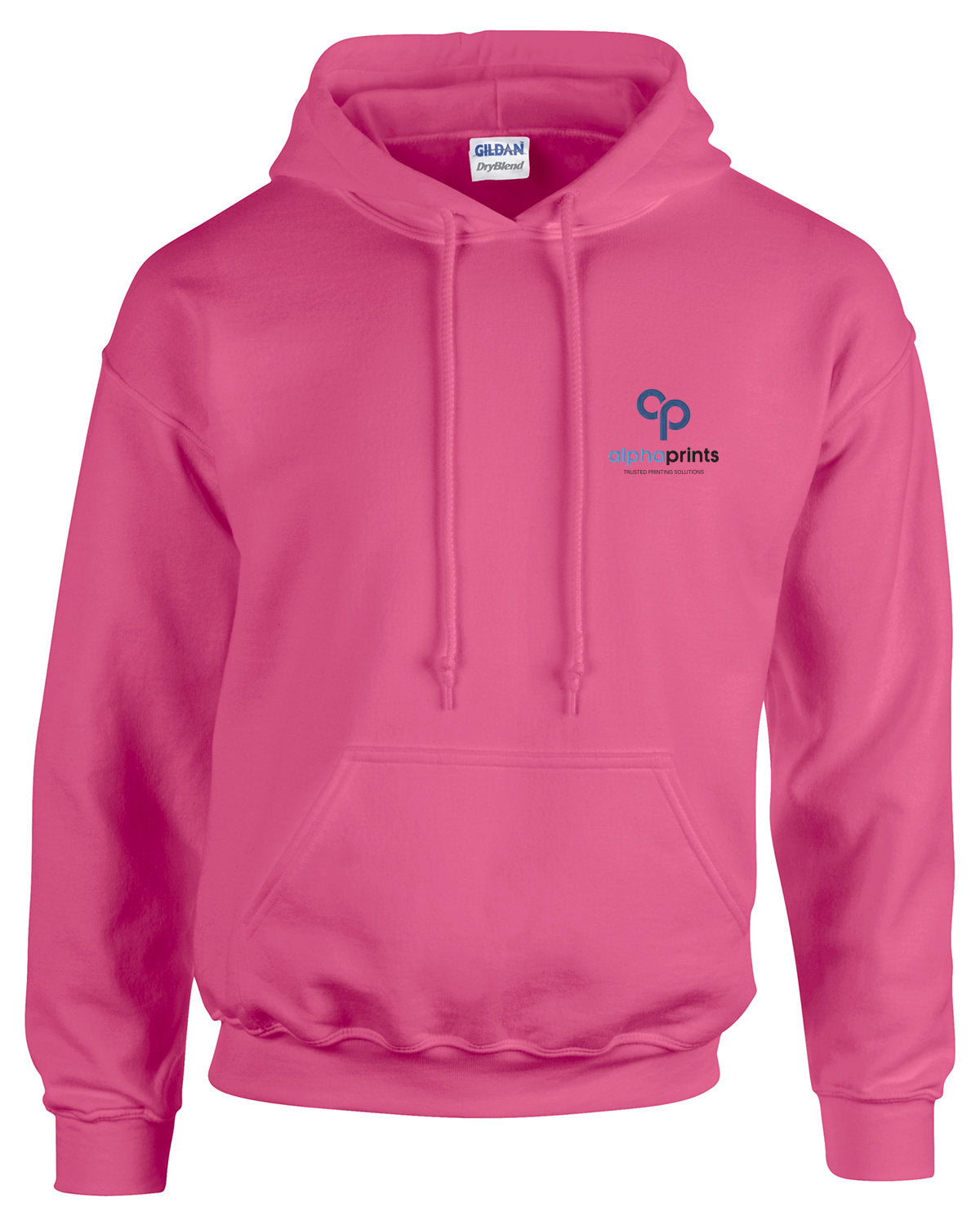 Safety pink Gildan Adult Heavy Blend 8oz Hoodie with customized embroidery on the left chest, featuring the "alphaprints" logo in black and blue.