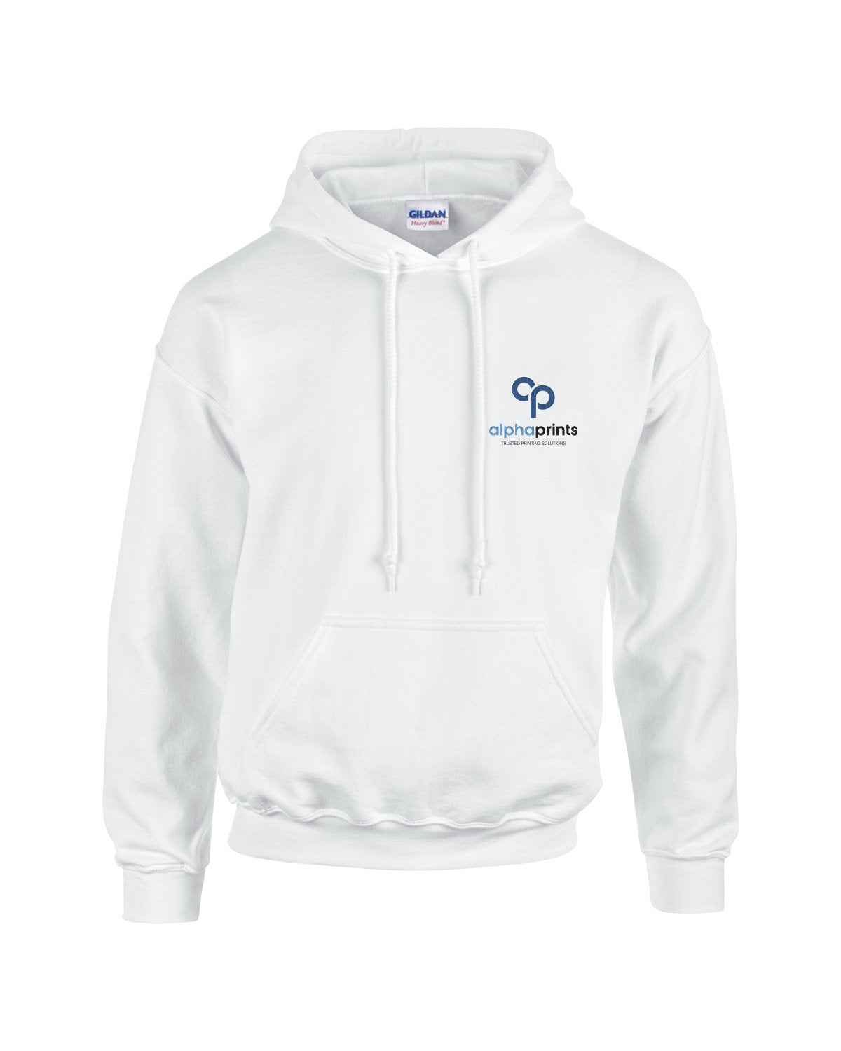 White Gildan Adult Heavy Blend 8oz Hoodie with customized embroidery on the left chest, featuring the "alphaprints" logo in black and blue.