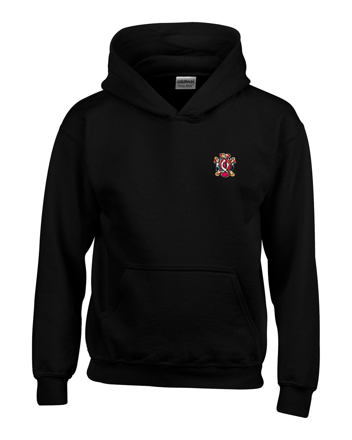 Black hoodie with front pocket and small embroidered crest on the chest.