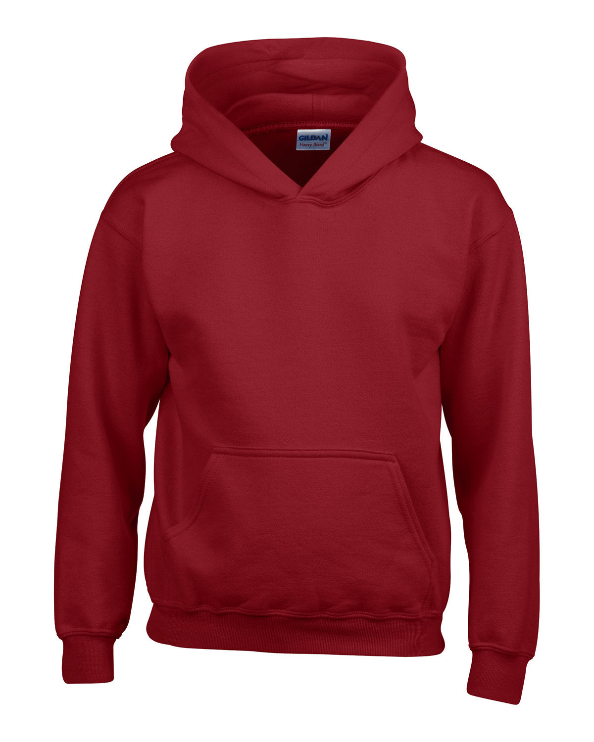 Cardinal red hoodie with front pocket and small embroidered crest on the chest.