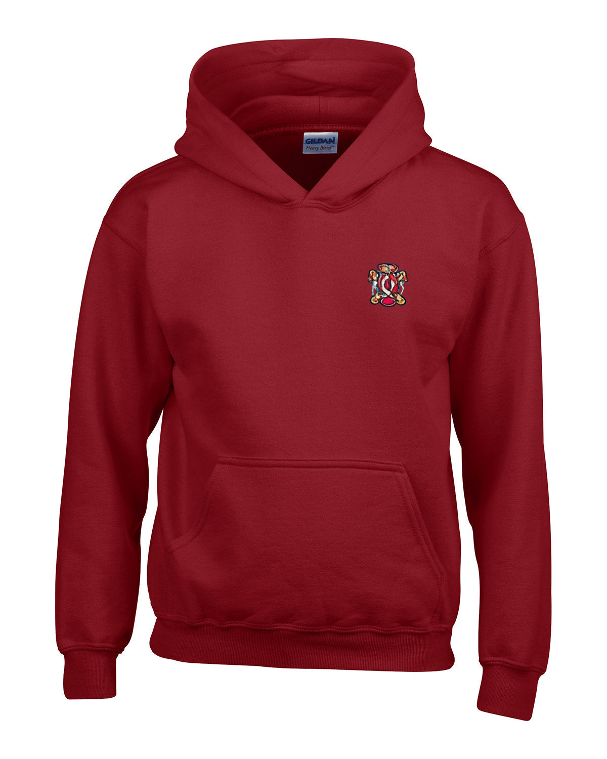 Cardinal red hoodie with front pocket and small embroidered crest on the chest.