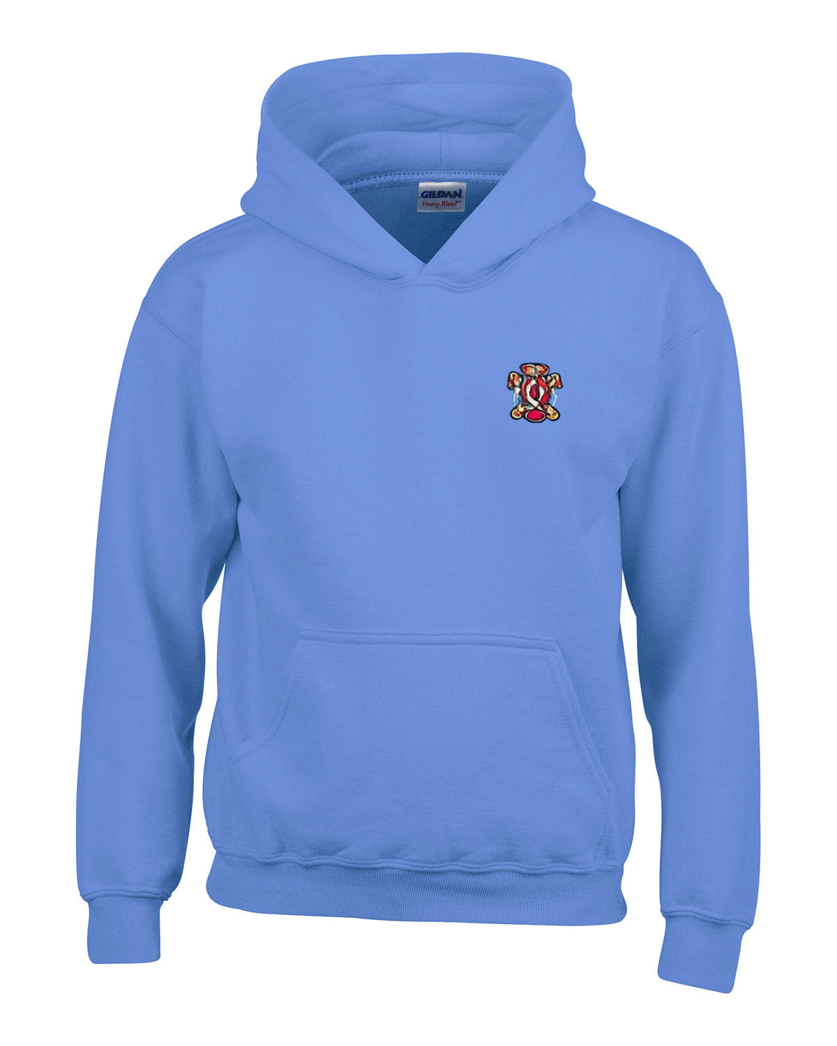 Carolina blue hoodie with front pocket and small embroidered crest on the chest.