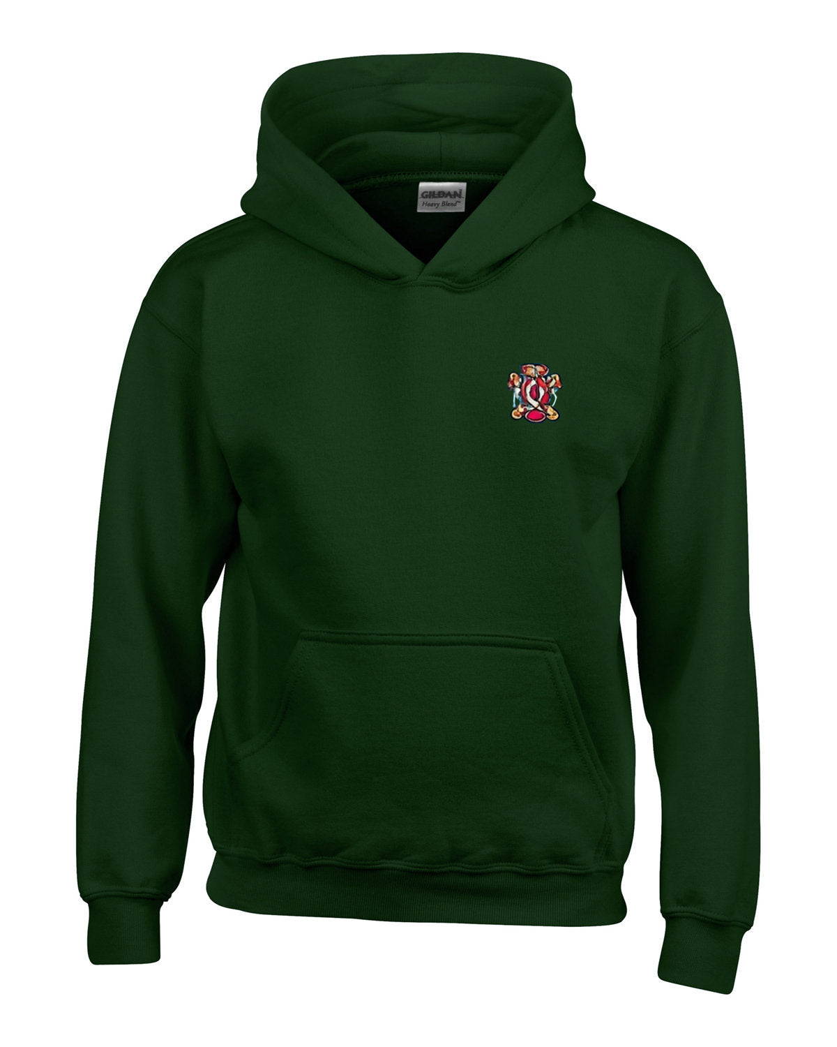 Forest green hoodie with front pocket and small embroidered crest on the chest.