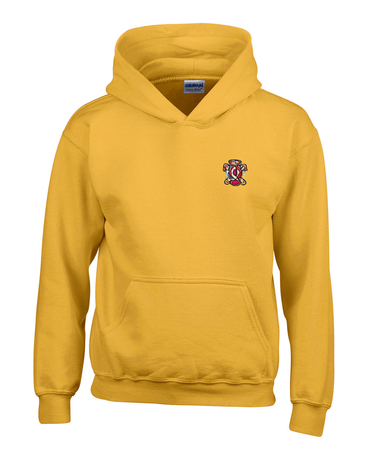 Gold hoodie with front pocket and small embroidered crest on the chest.
