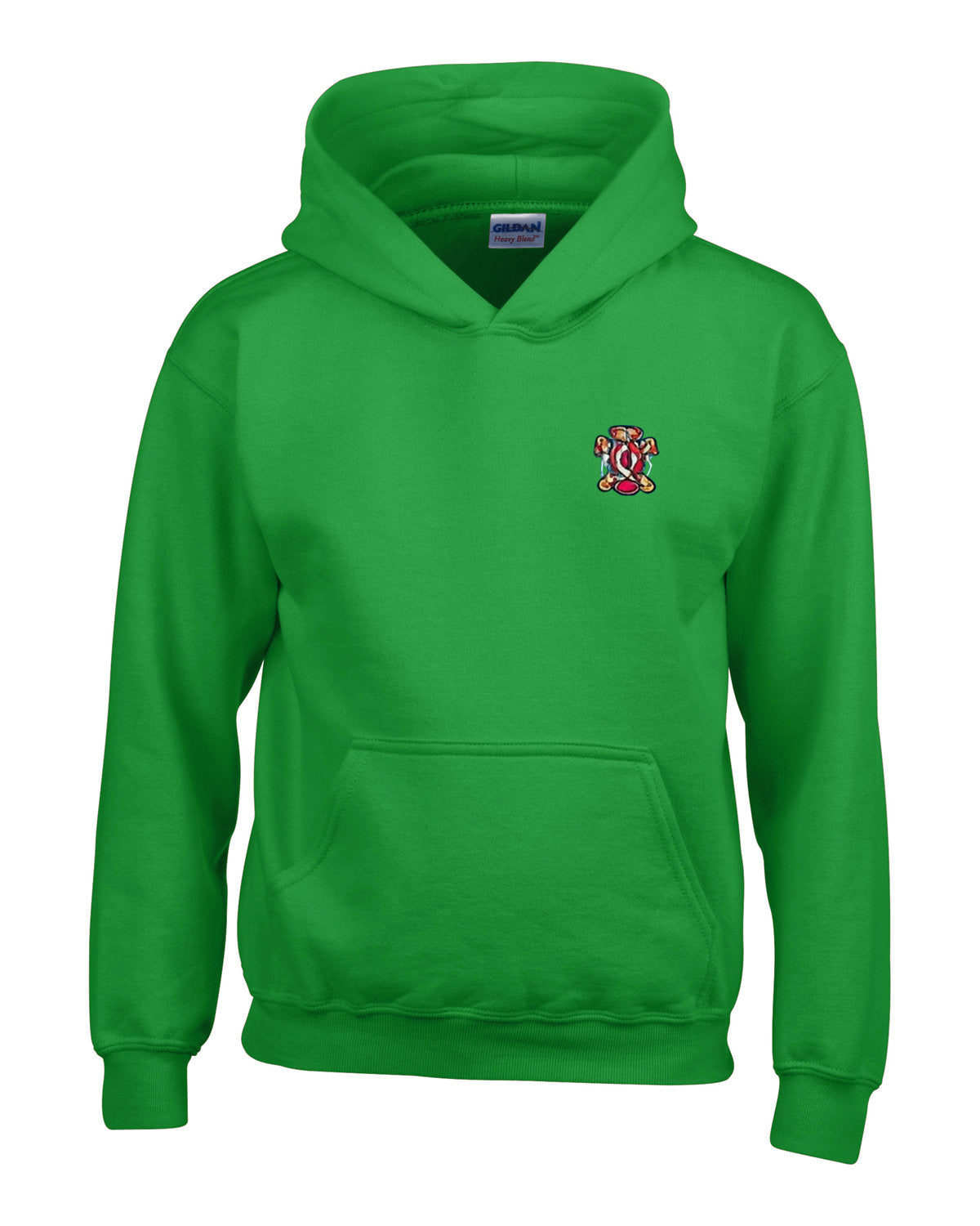 Irish green hoodie with front pocket and small embroidered crest on the chest.