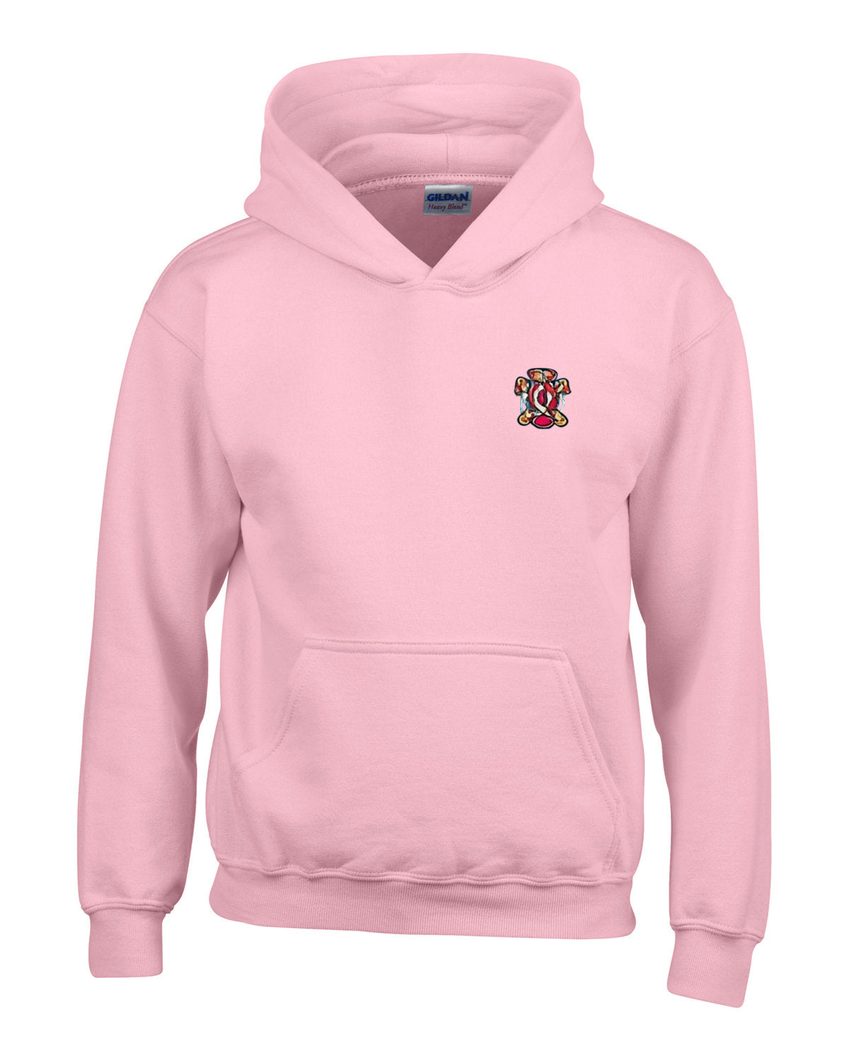 Pink hoodie with front pocket and small embroidered crest on the chest.