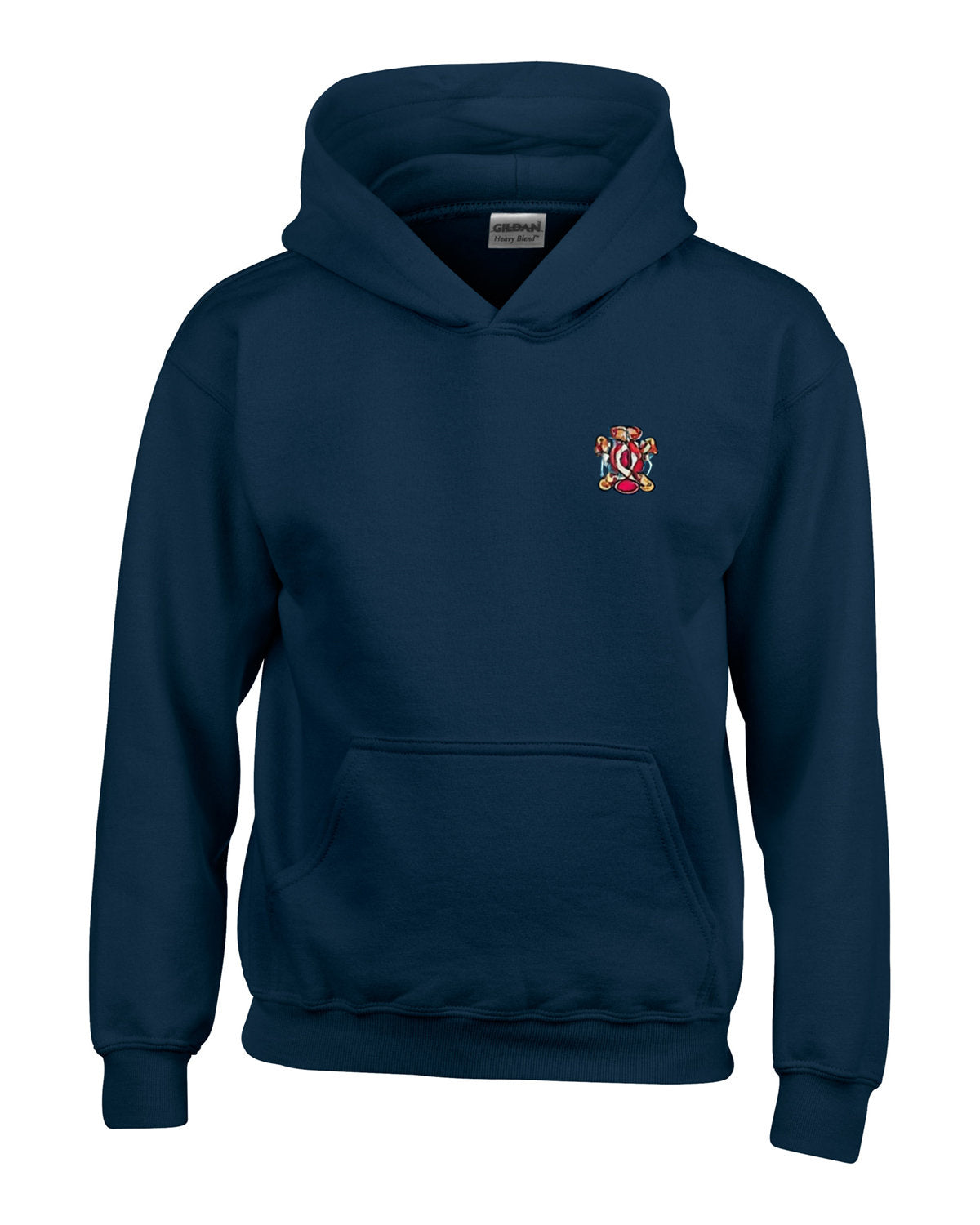 Navy blue hoodie with front pocket and small embroidered crest on the chest.