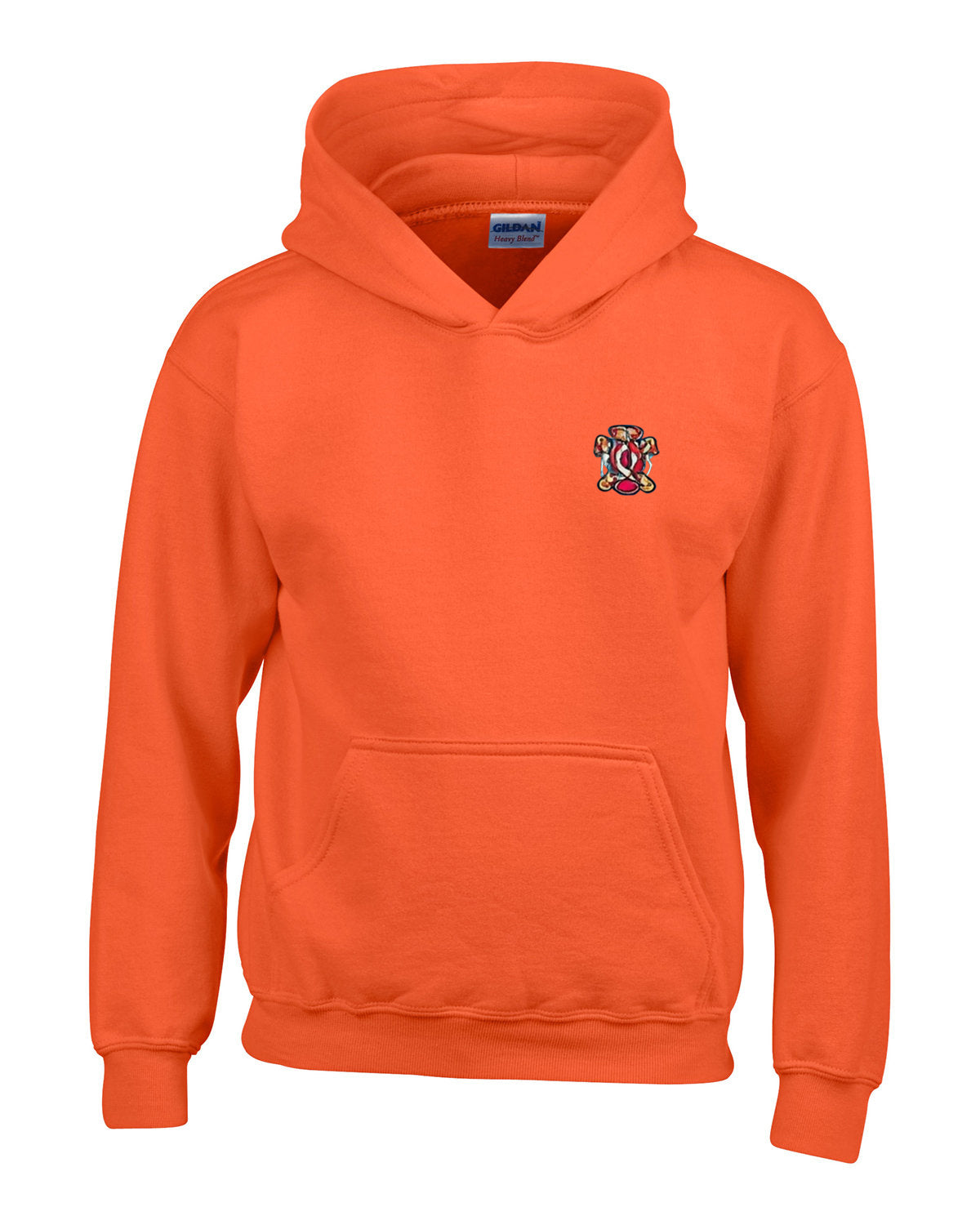 Orange hoodie with front pocket and small embroidered crest on the chest.