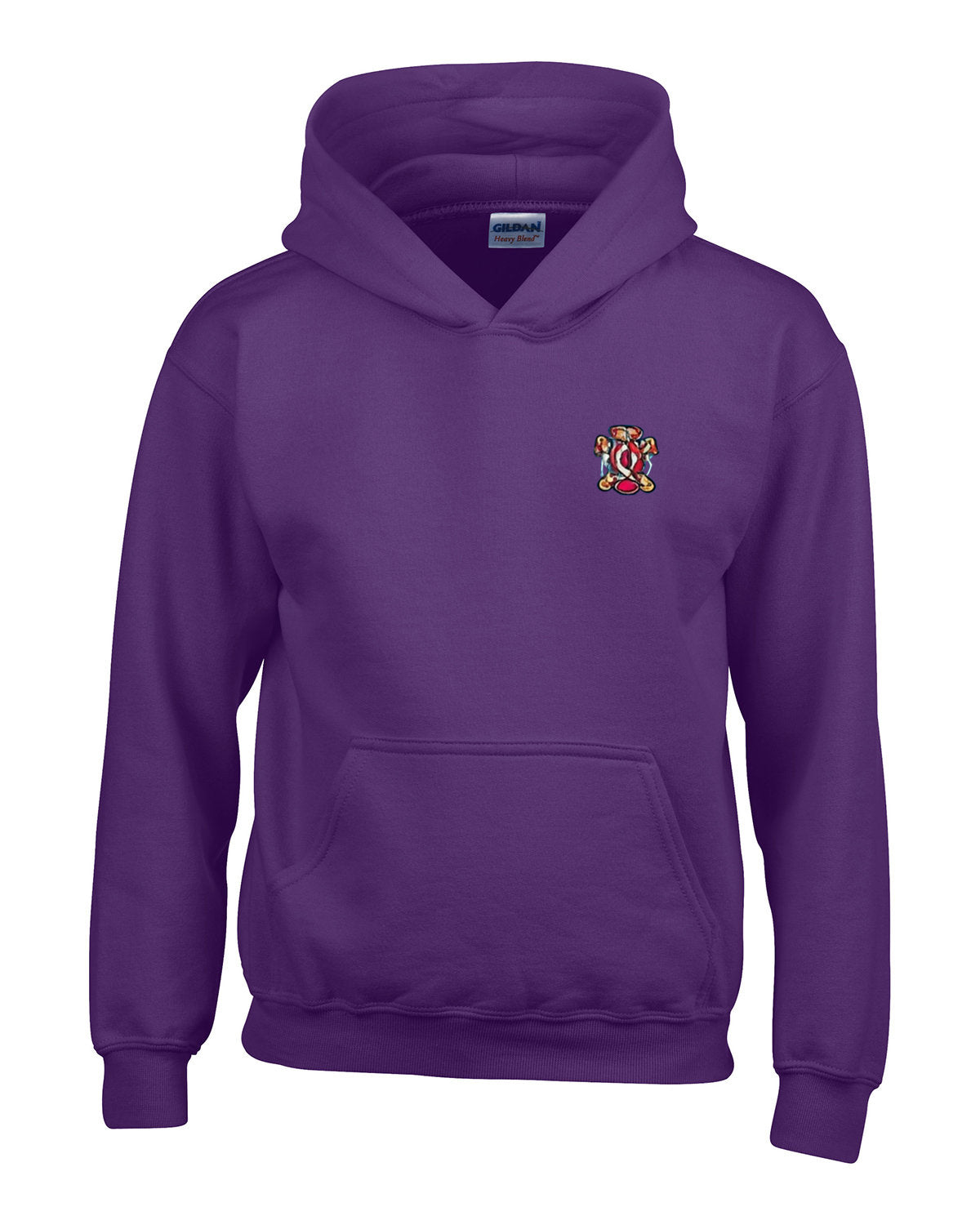 Purple hoodie with front pocket and small embroidered crest on the chest.