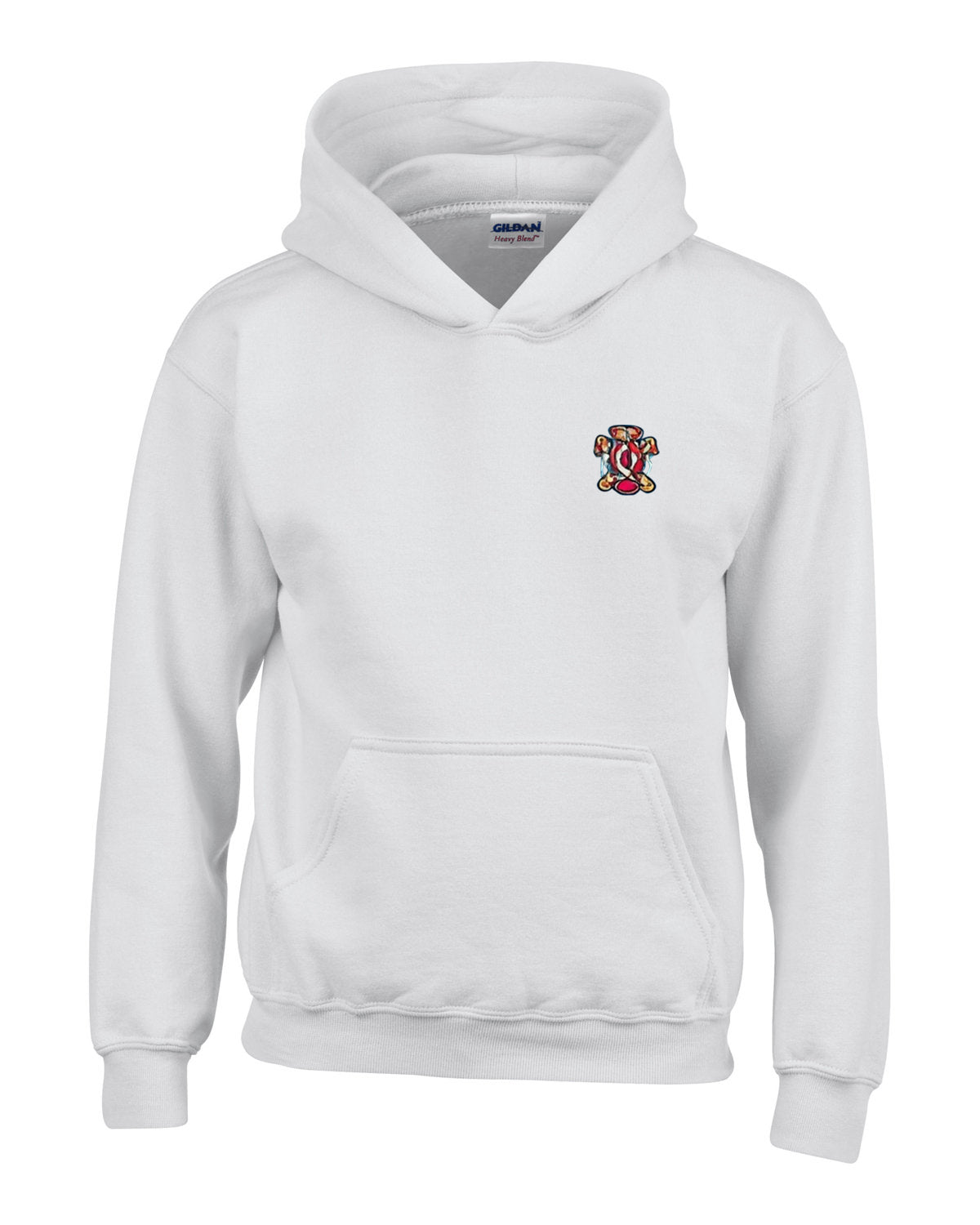 White hoodie with front pocket and small embroidered crest on the chest.