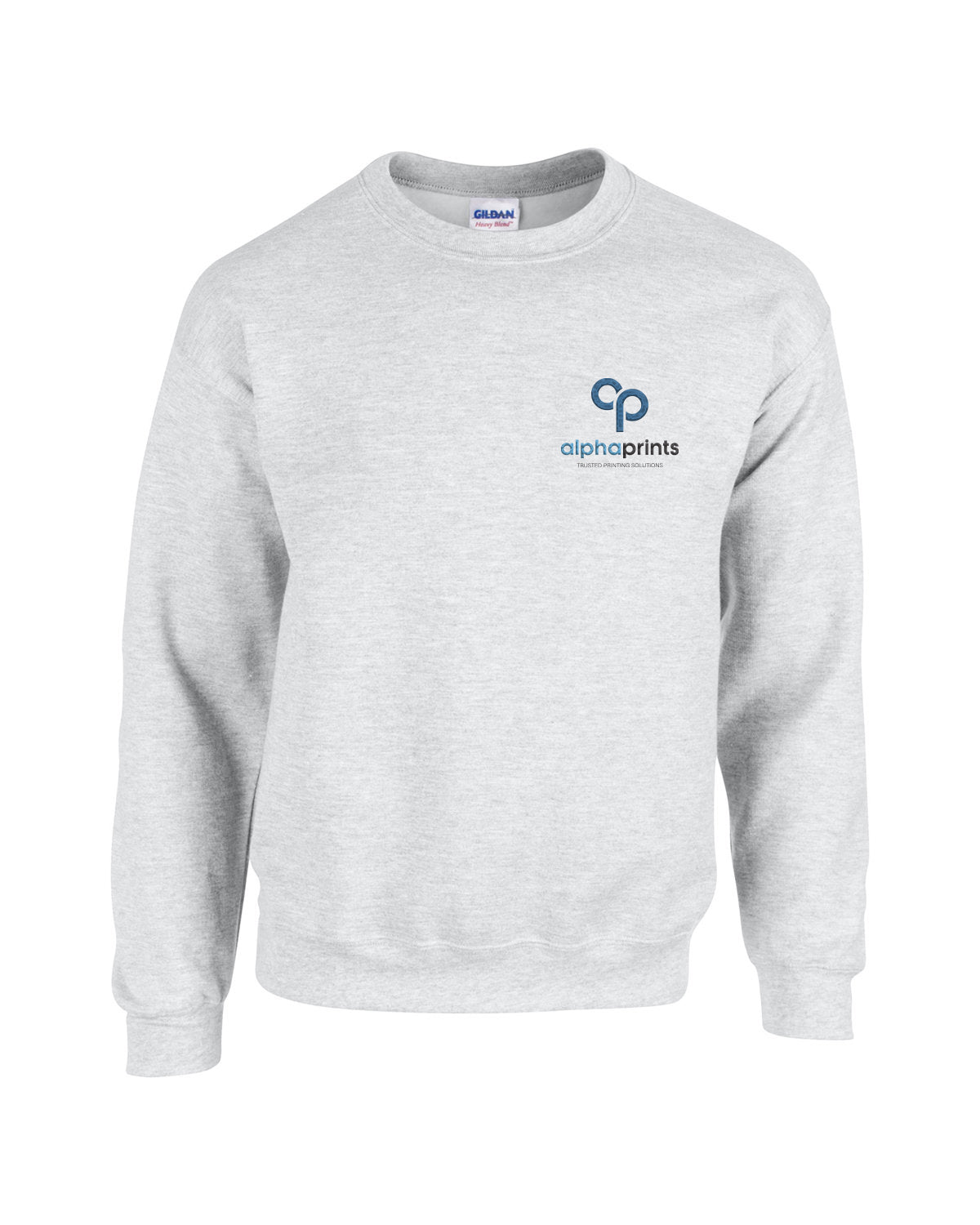 Ash Gildan crewneck sweatshirt with alphaprints logo on the chest.