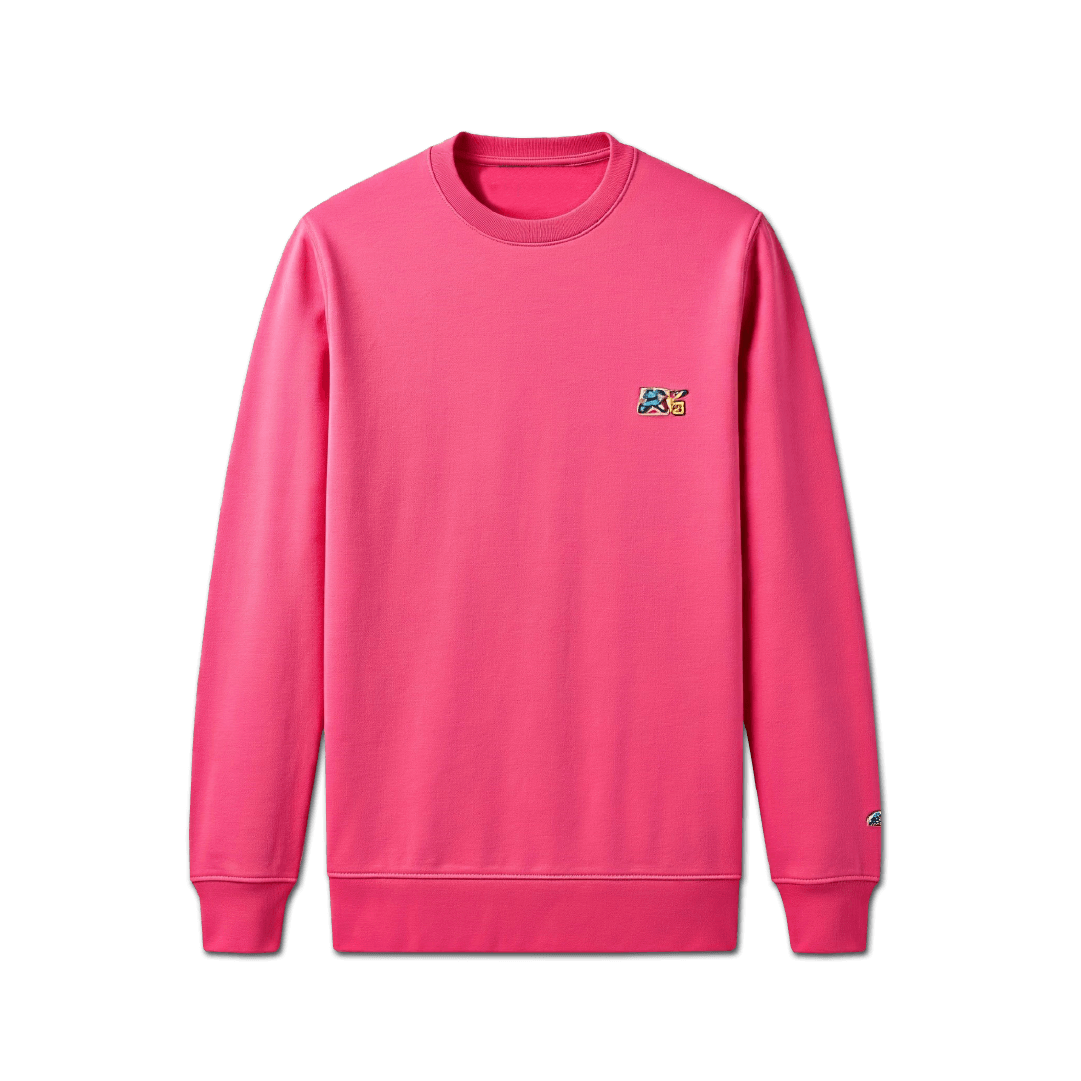 Pink Gildan crewneck sweatshirt with small chest logo.