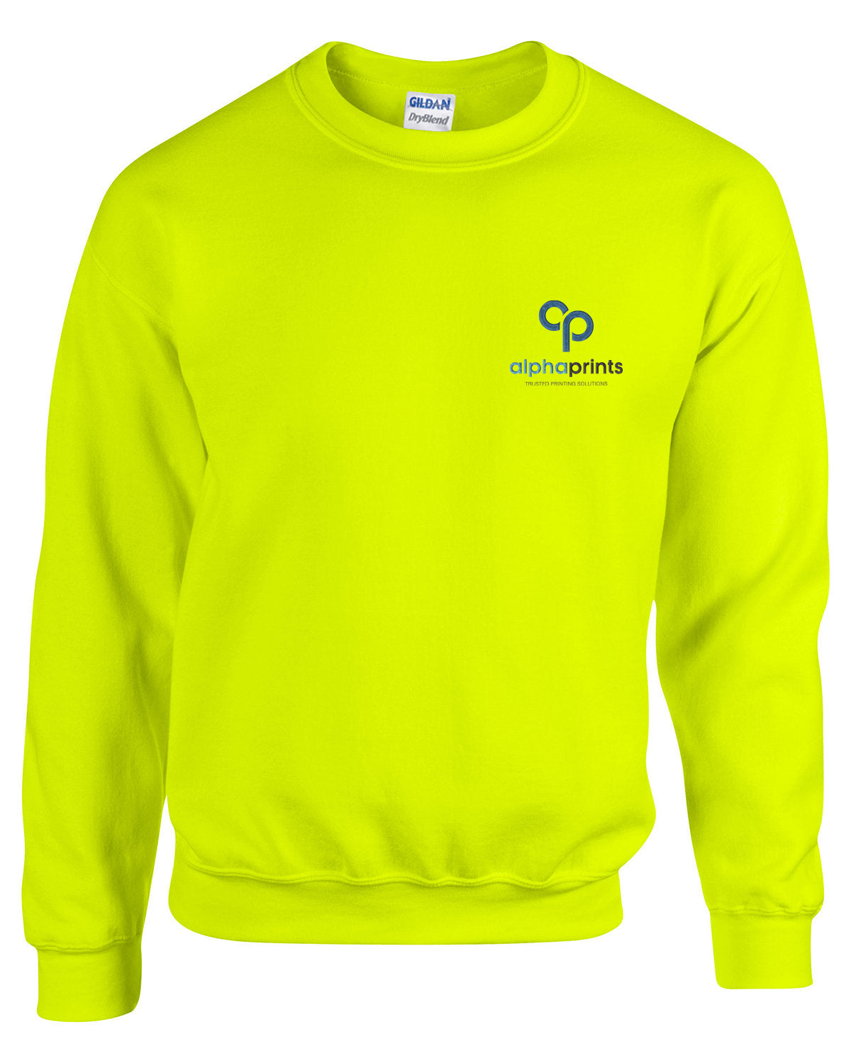 Safety green Gildan crewneck sweatshirt with alphaprints logo on the chest.