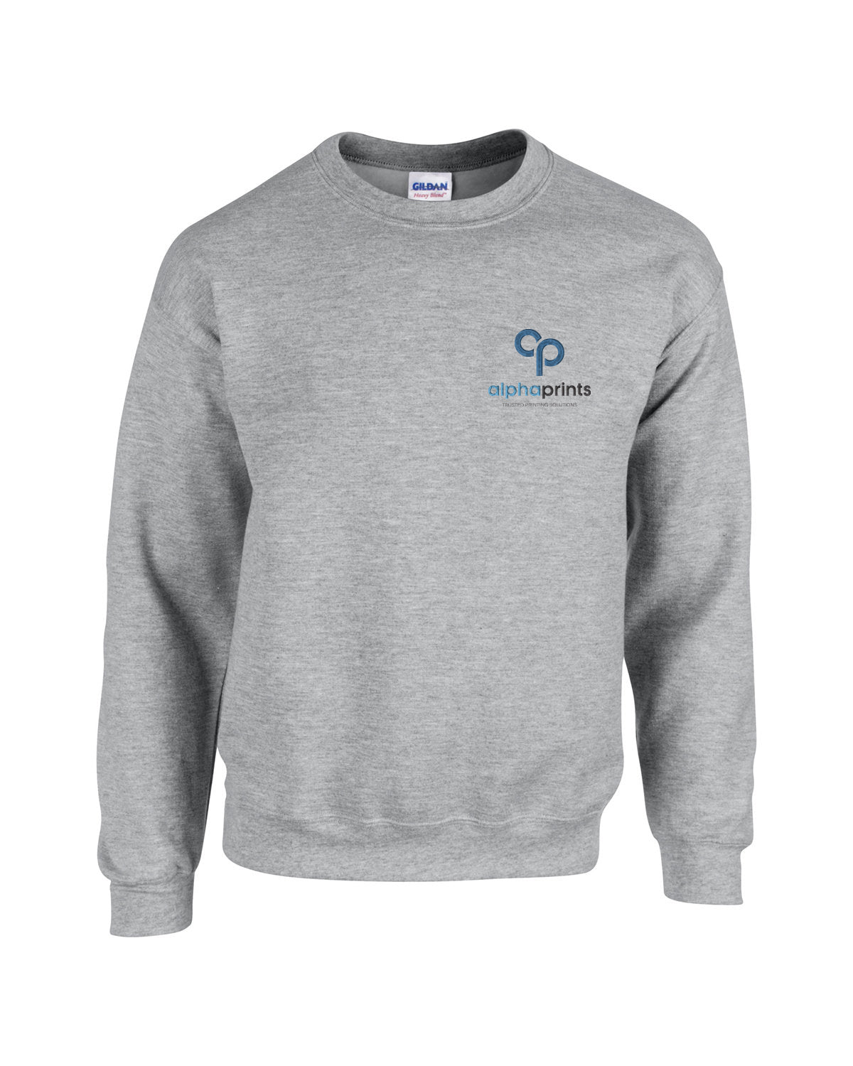 Sport grey Gildan crewneck sweatshirt with alphaprints logo on the chest.