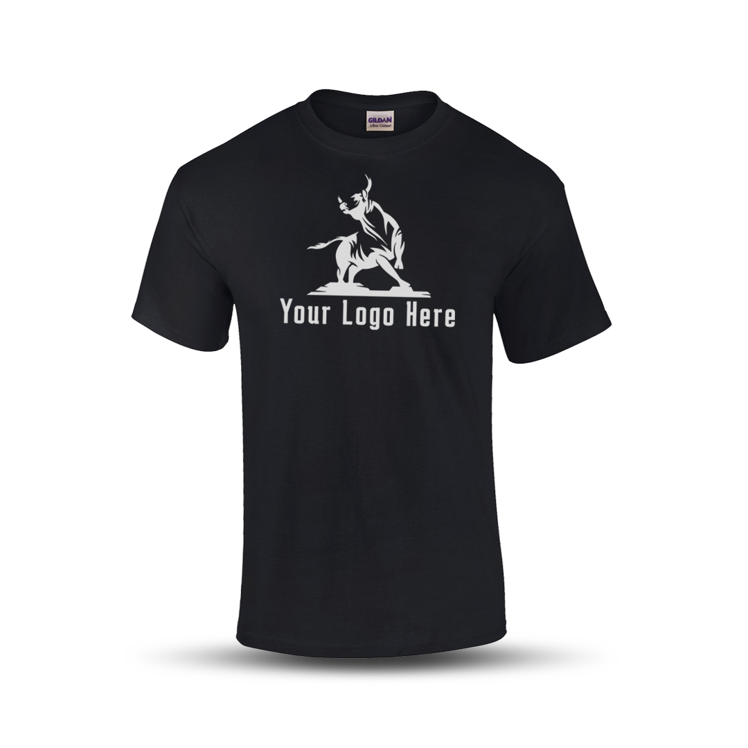 Black short-sleeve t-shirt with a bold martial arts figure logo and customizable "Your Logo Here" text on the front.